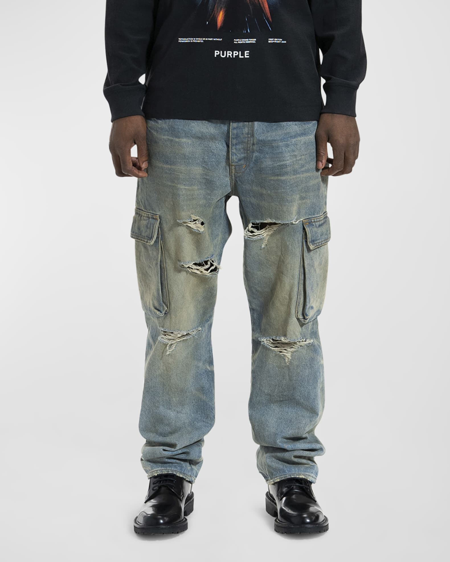 PURPLE Men's Relaxed Dirty Cargo Jeans | Neiman Marcus