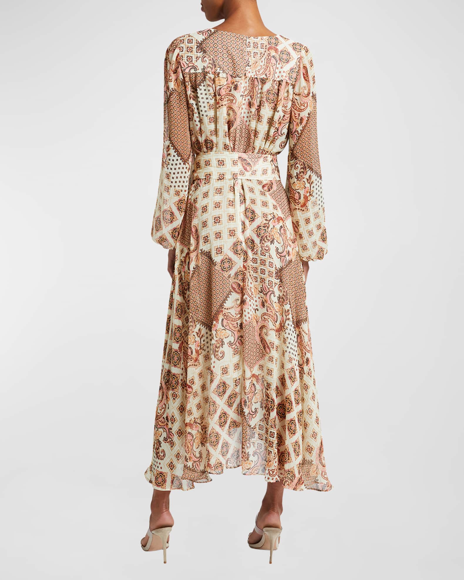 Santorelli Aubree Geo-Print Blouson-Sleeve Midi Dress | Neiman Marcus