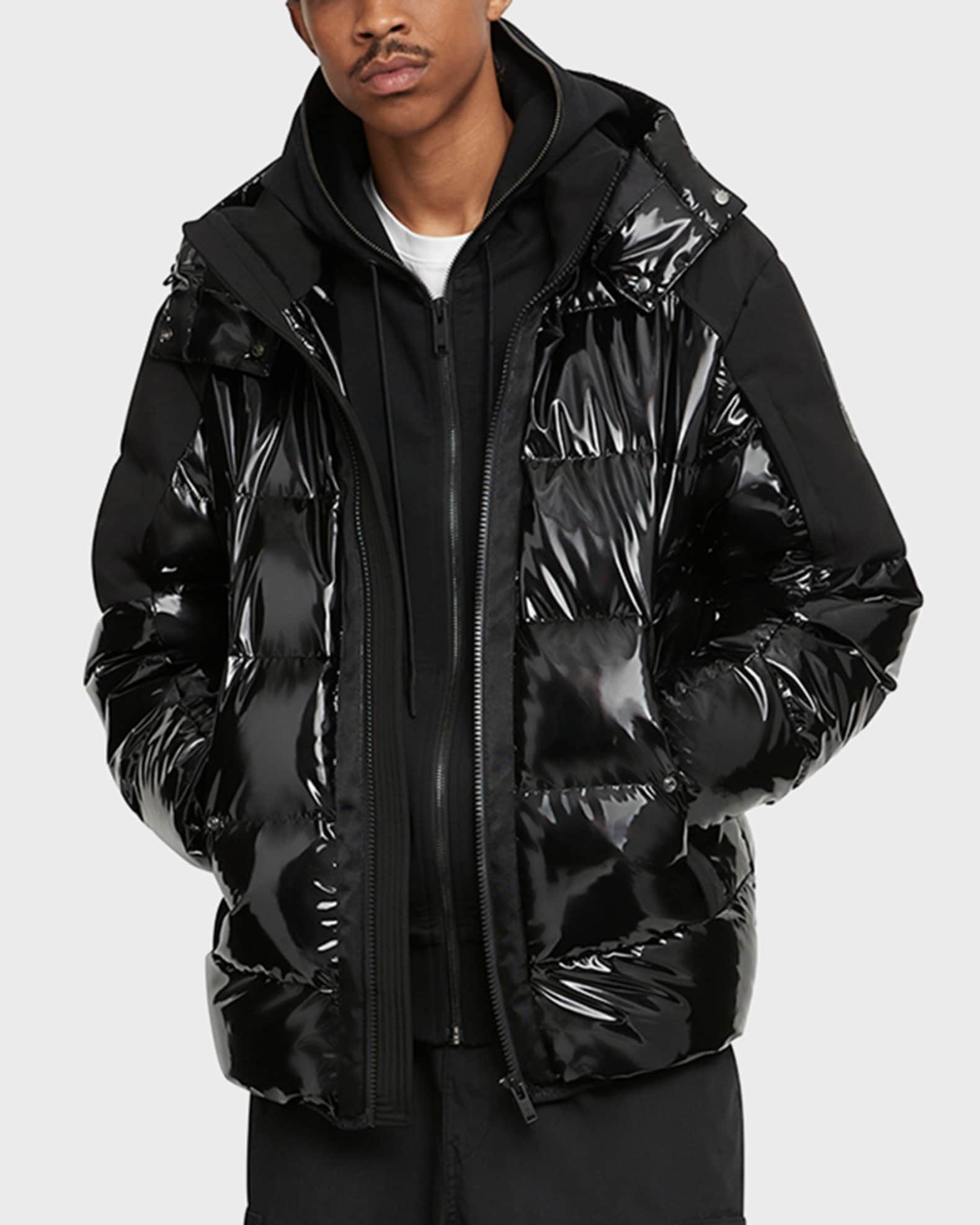 Black Shiny Puffer Jacket Mens with Hood