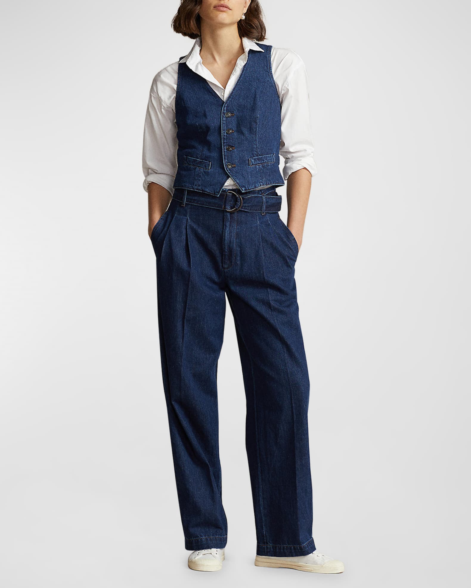 Polo Ralph Lauren Belted Pleated Wide-Leg Denim Pants | Neiman Marcus