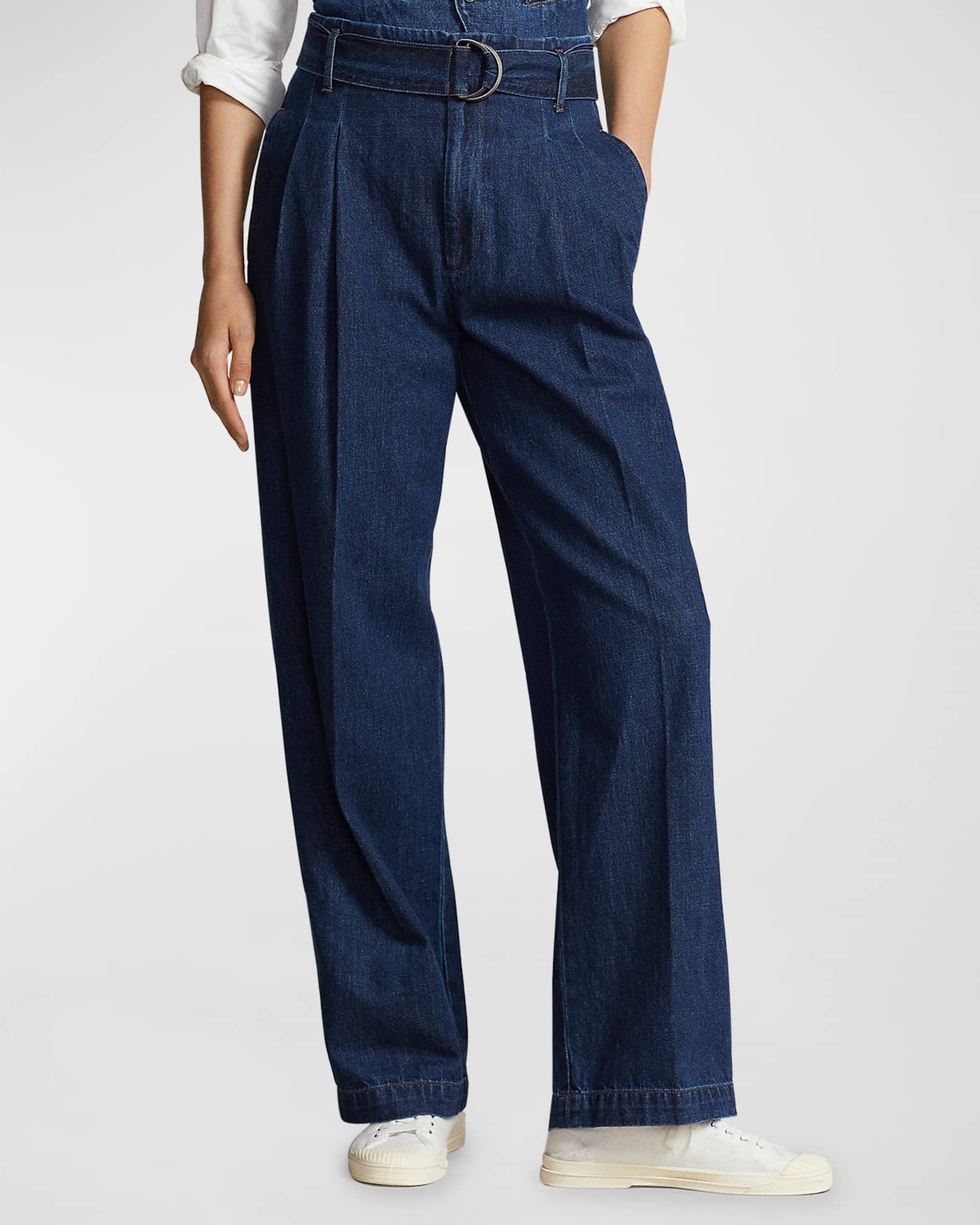 Polo Ralph Lauren Belted Pleated Wide-Leg Denim Pants | Neiman Marcus