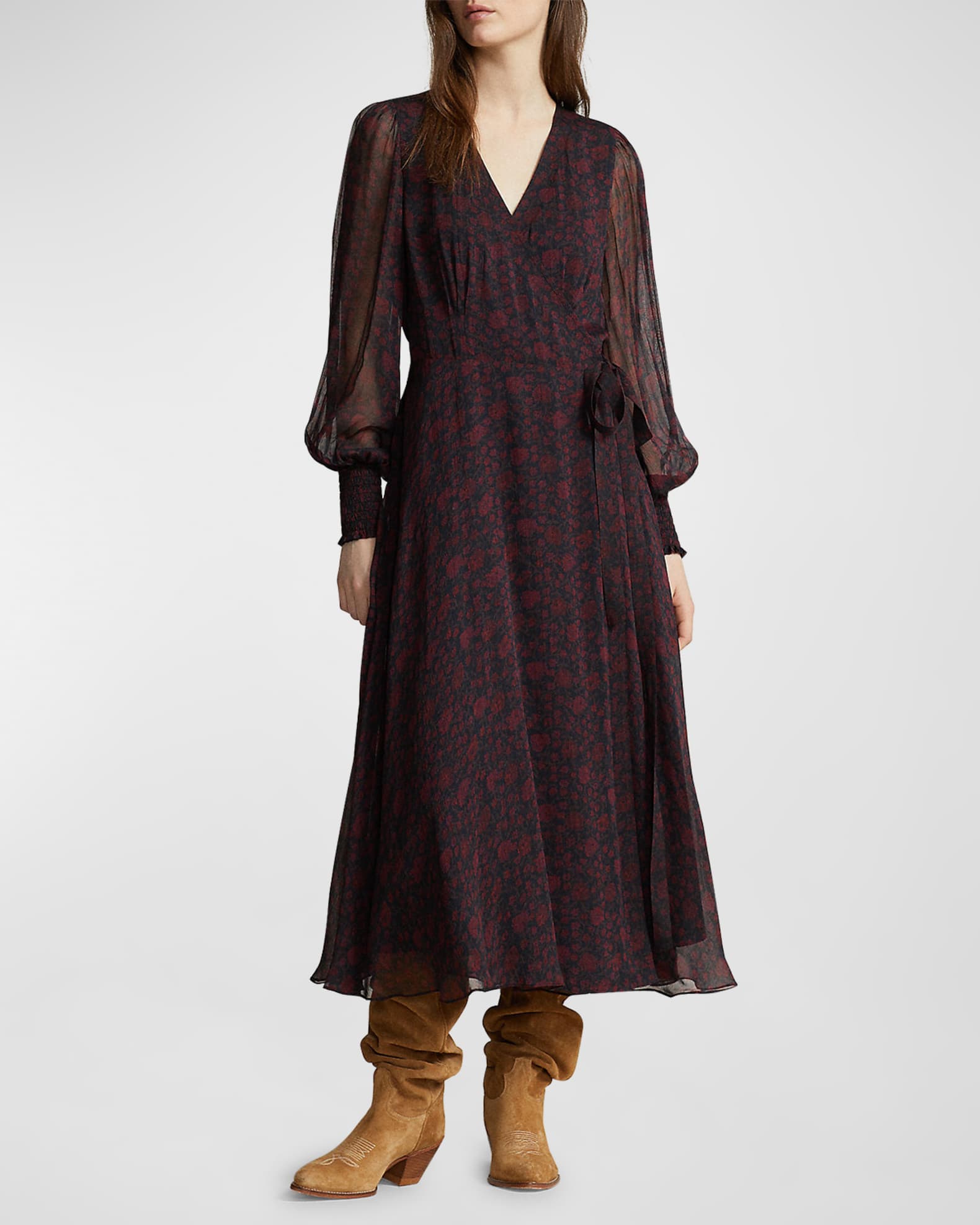 Polo Ralph Lauren Floral Blouson Georgette Wrap Dress Neiman Marcus