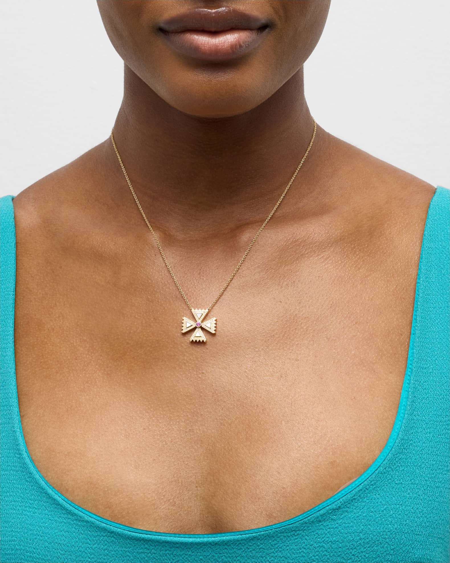 Diamond & Pink Sapphire Small Crux Cross Pendant Necklace 1