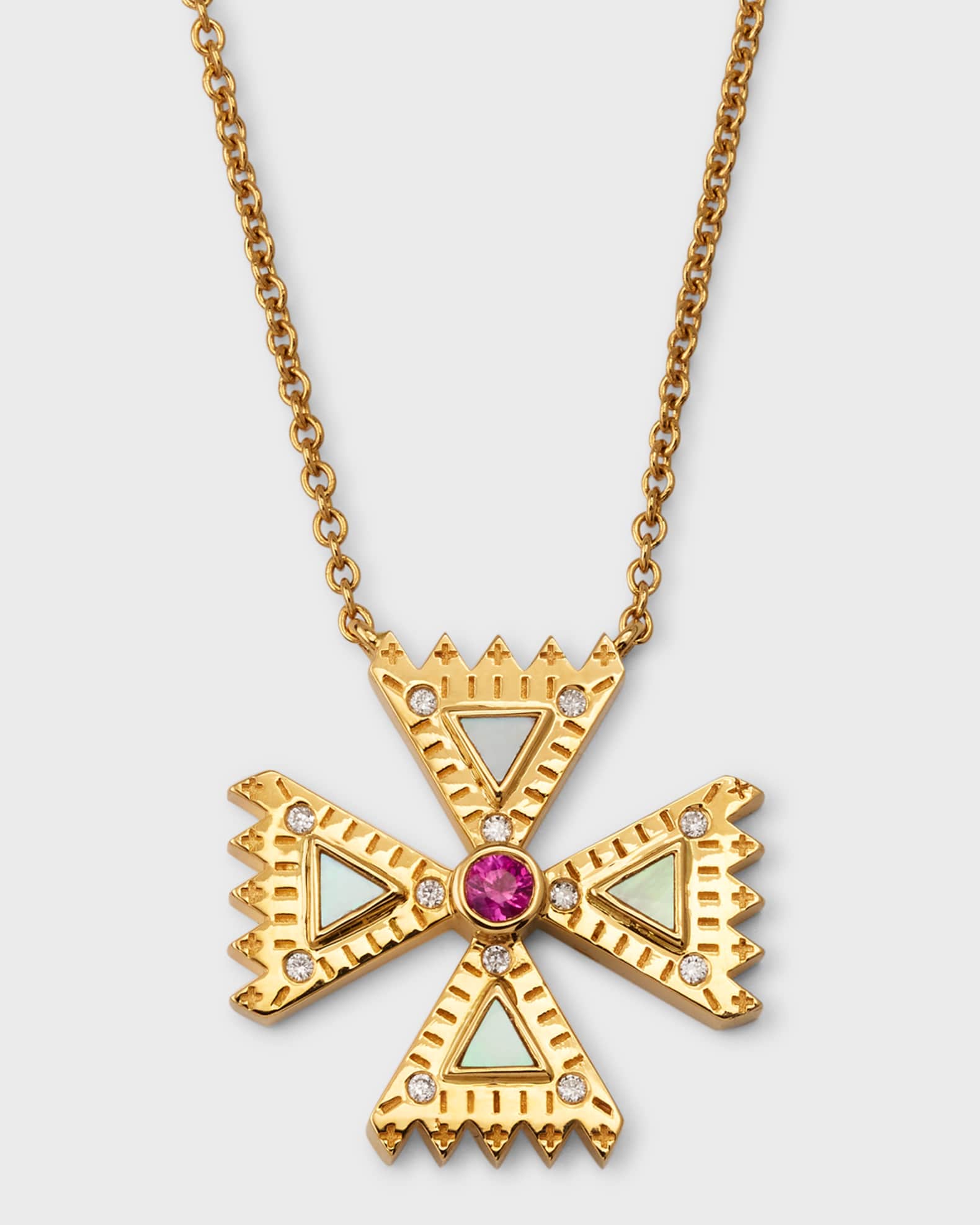 Diamond & Pink Sapphire Small Crux Cross Pendant Necklace 0
