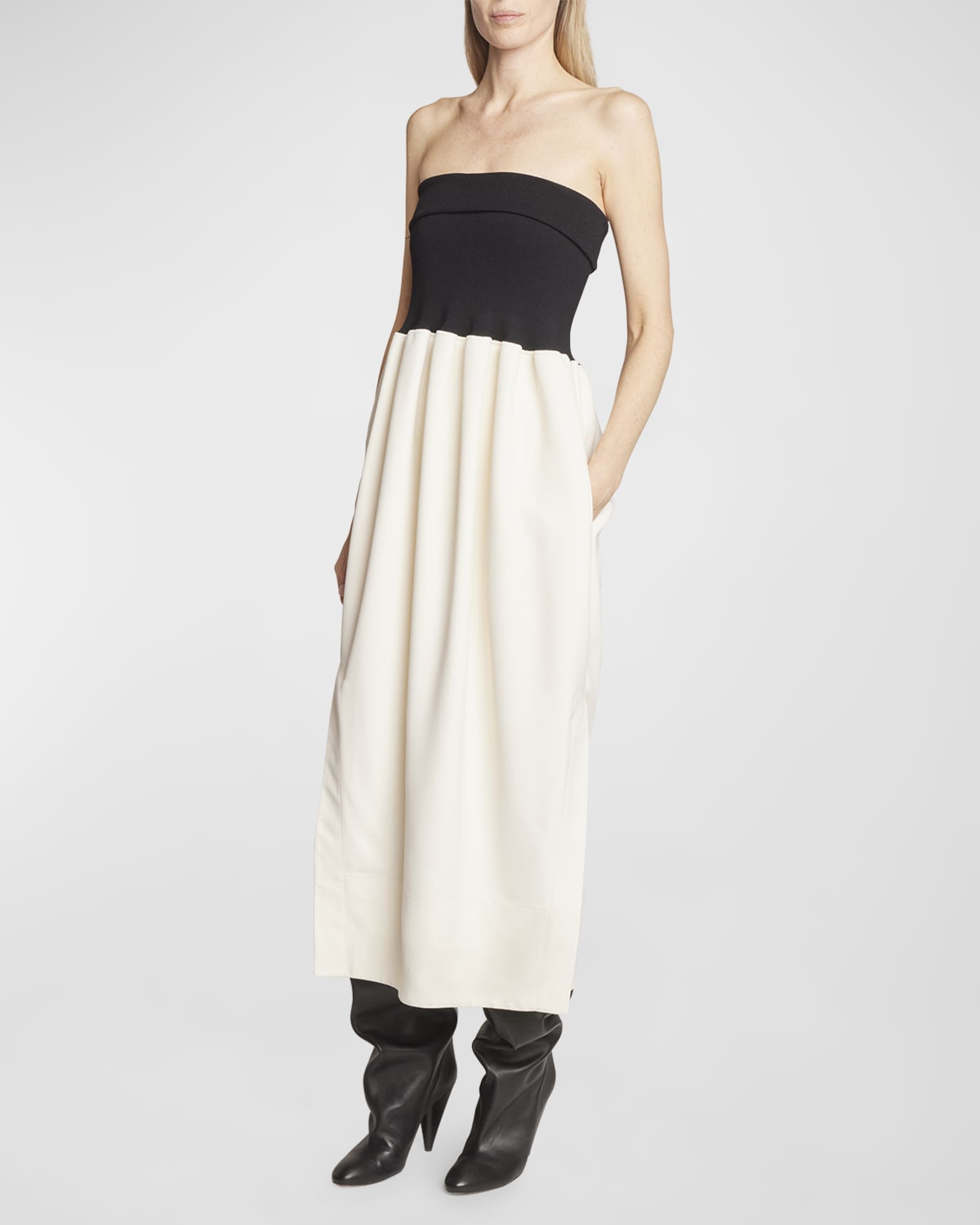 Bicolor Strapless Crepe Knit Midi Dress