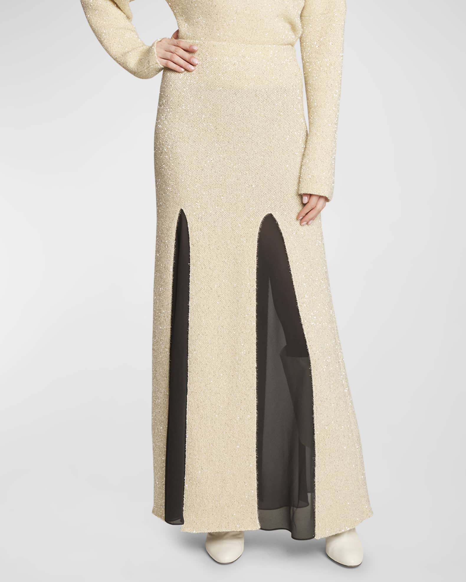 Chiara Sheer Embellished V-Waist Gown Skirt in Almond