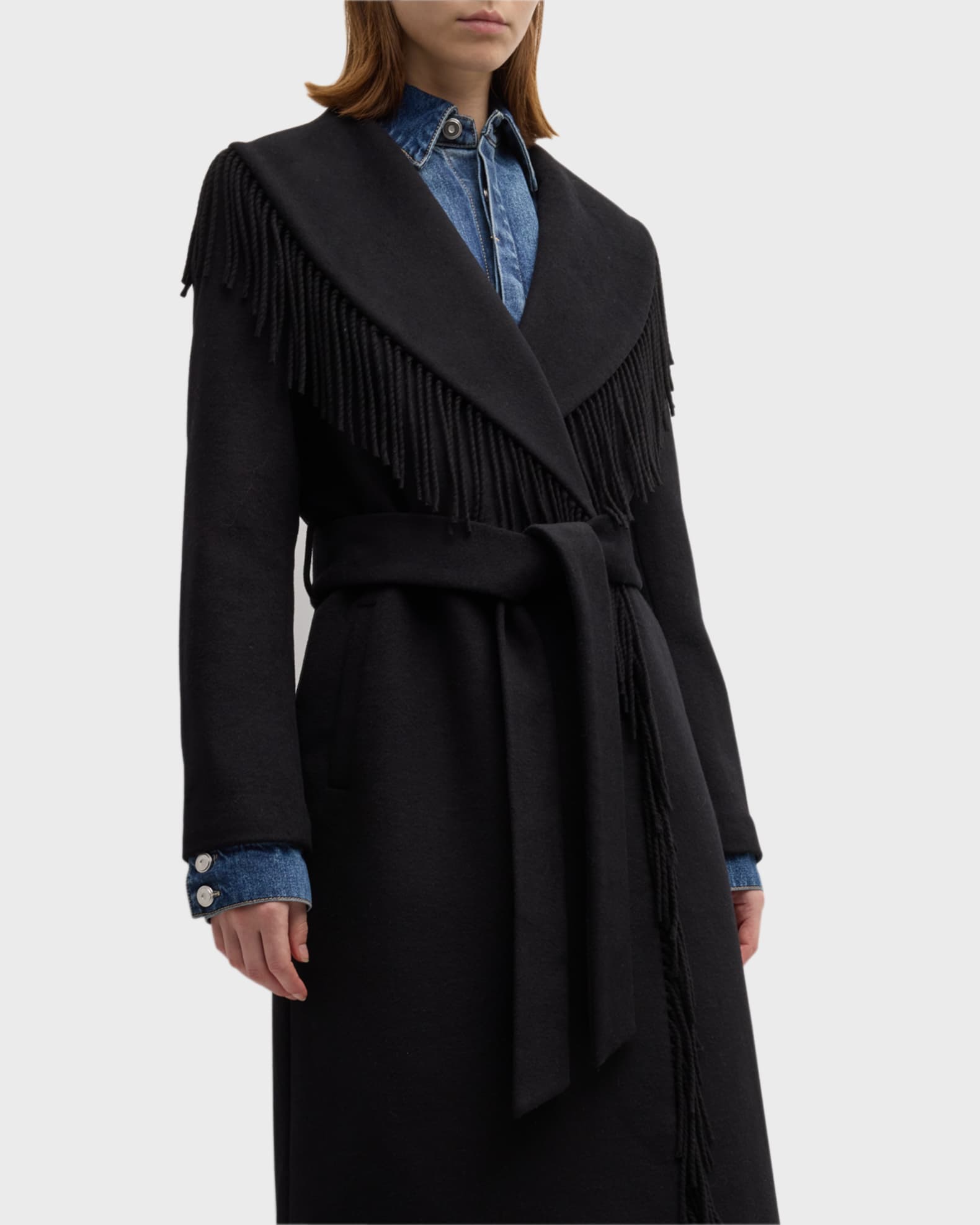 fringed shawl collar fleece jacket