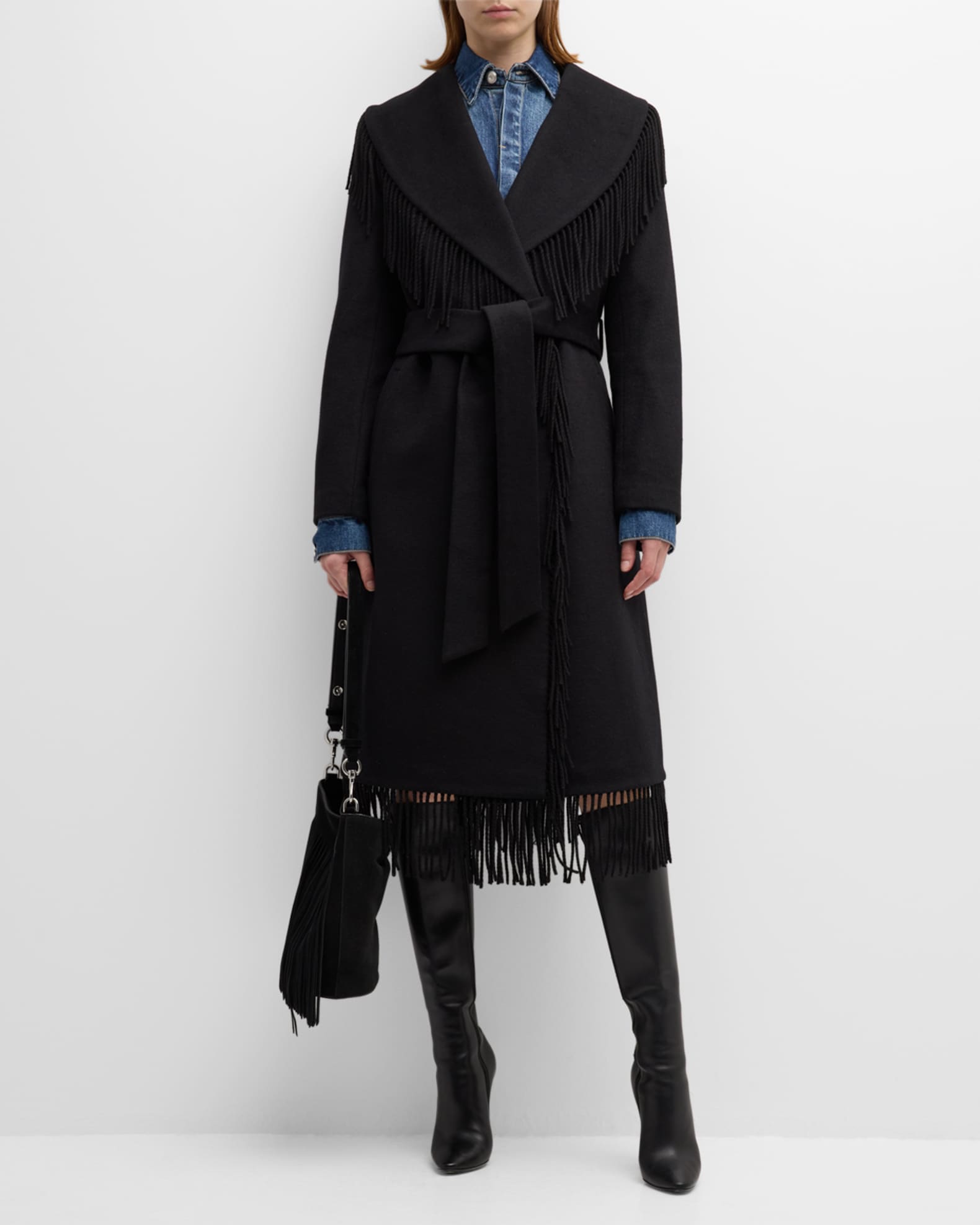 Milly Shawl Collar Fringe Wool Coat Neiman Marcus