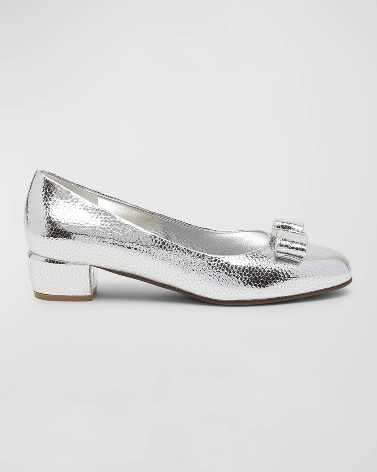 Ferragamo Vara Bow Metallic Embossed Low Pumps