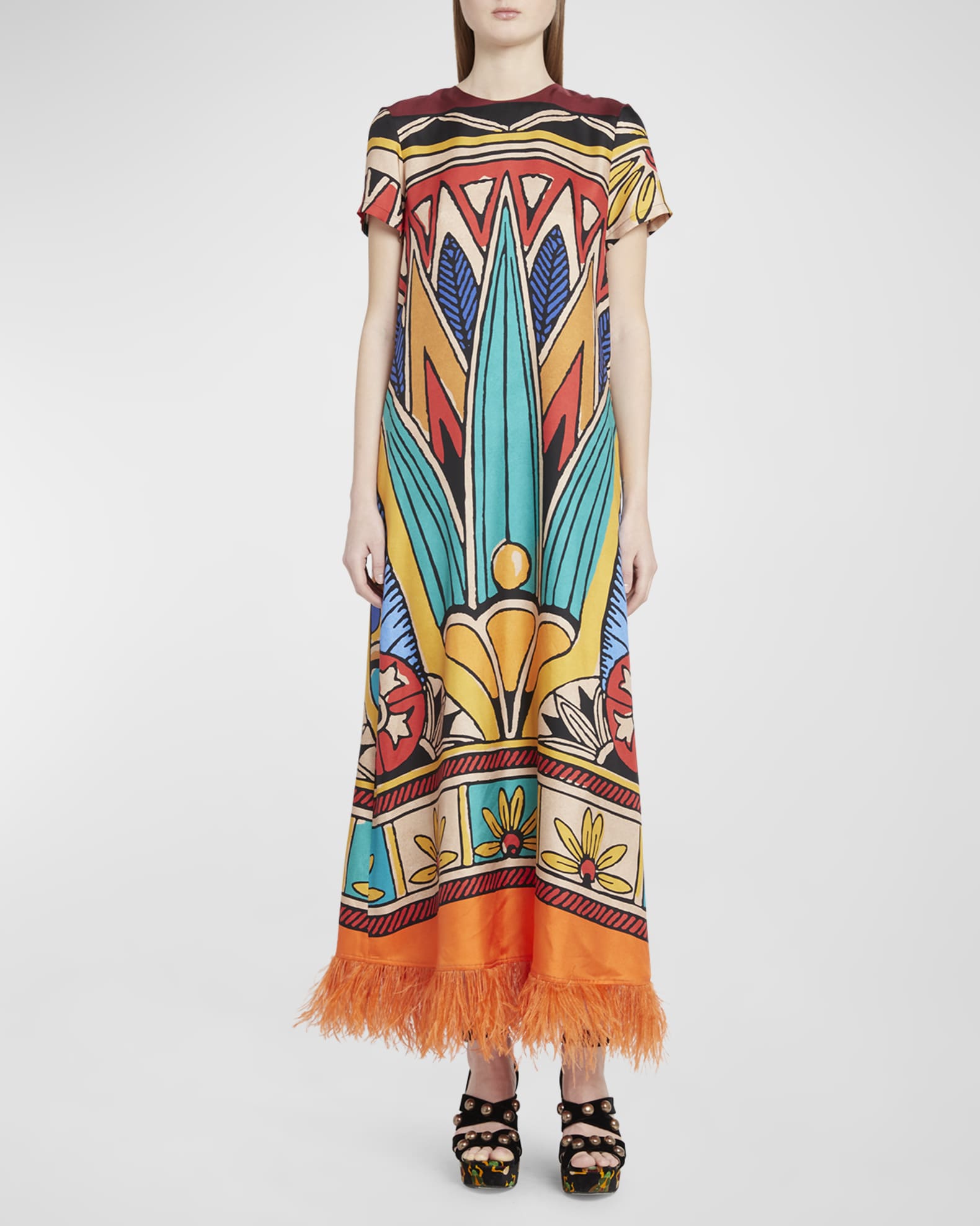 Printed Swing Dress with Feather Trim