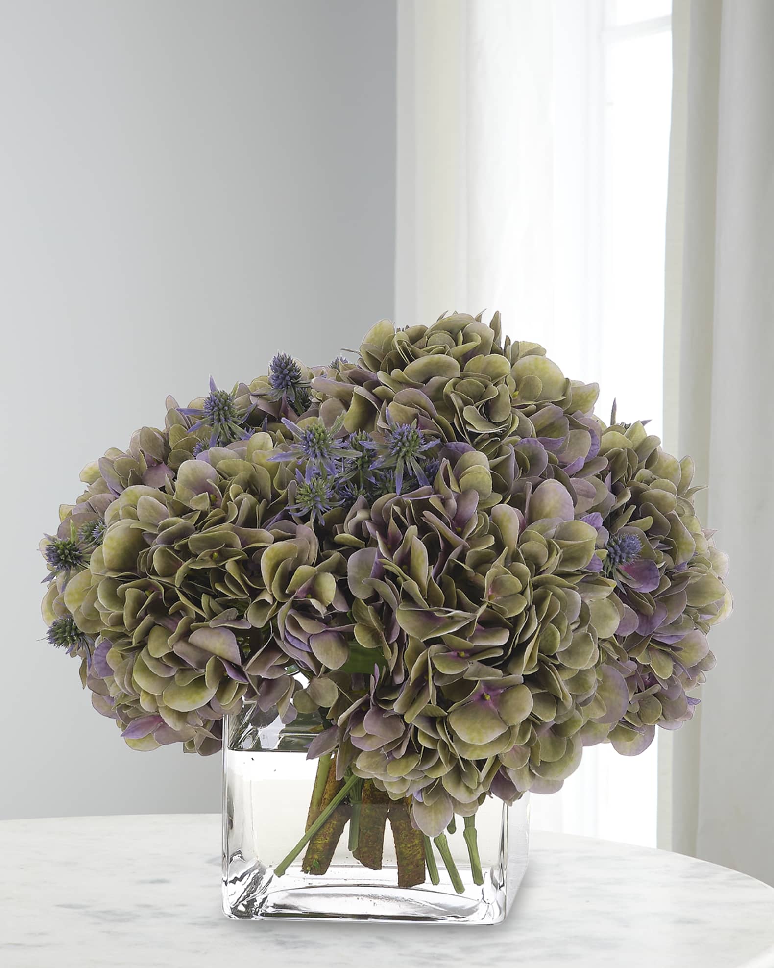 NDI Hydrangeas 14" Faux Floral Arrangement in Glass Cube Neiman Marcus