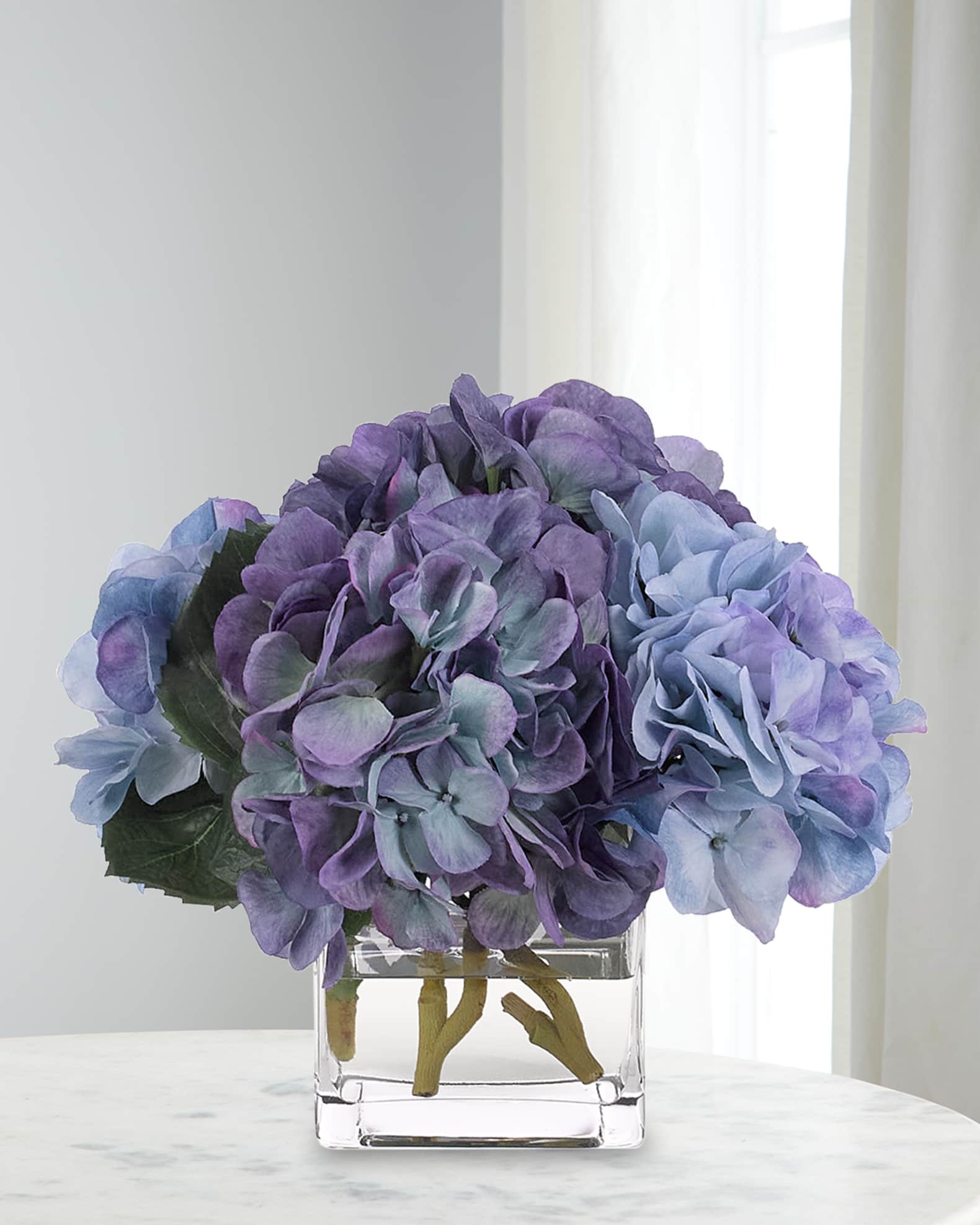 NDI Hydrangeas 10" Faux Floral Arrangement in Glass Cube Neiman Marcus