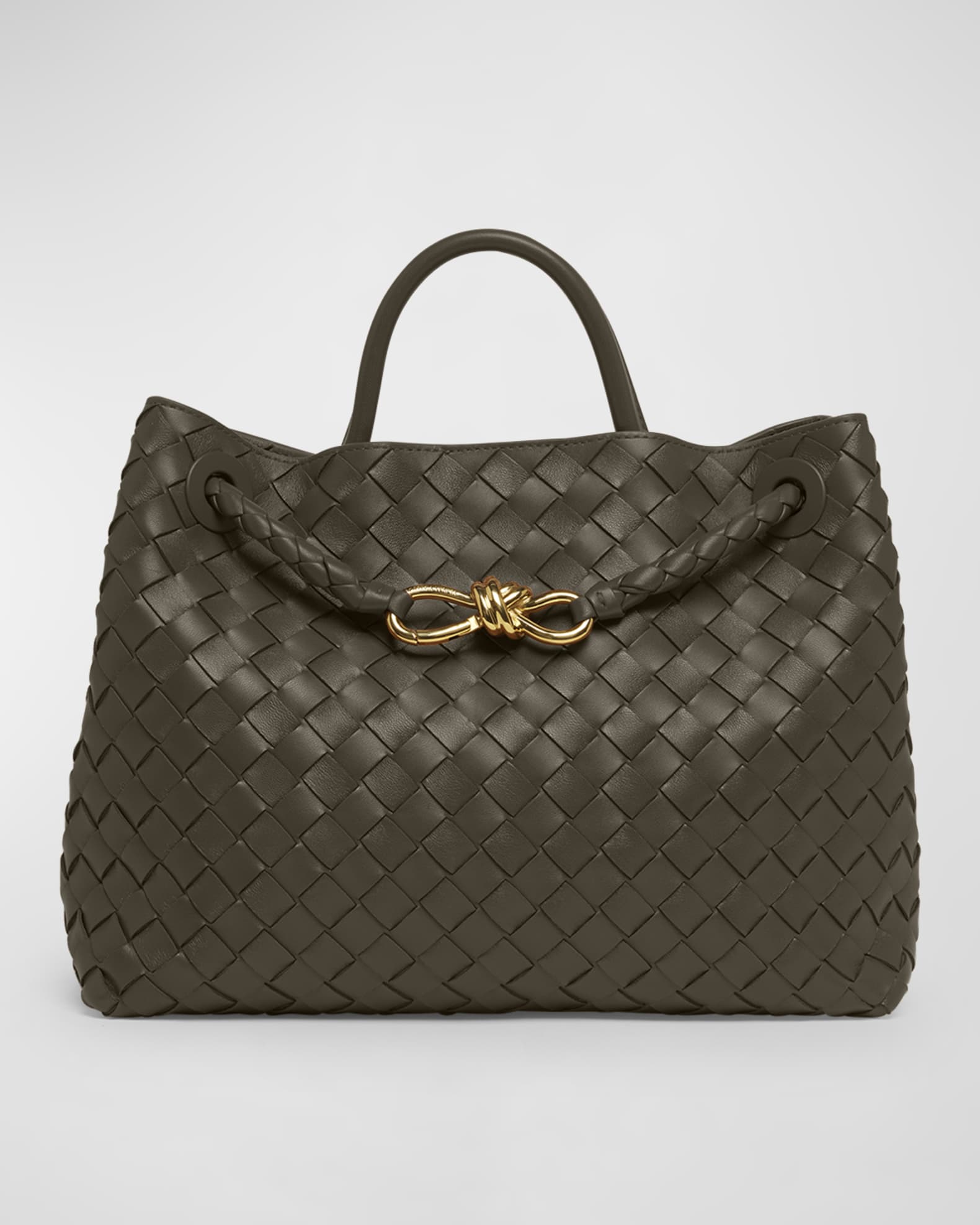 Bottega Veneta Andiamo Intrecciato Leather Top Handle Bag Fondant
