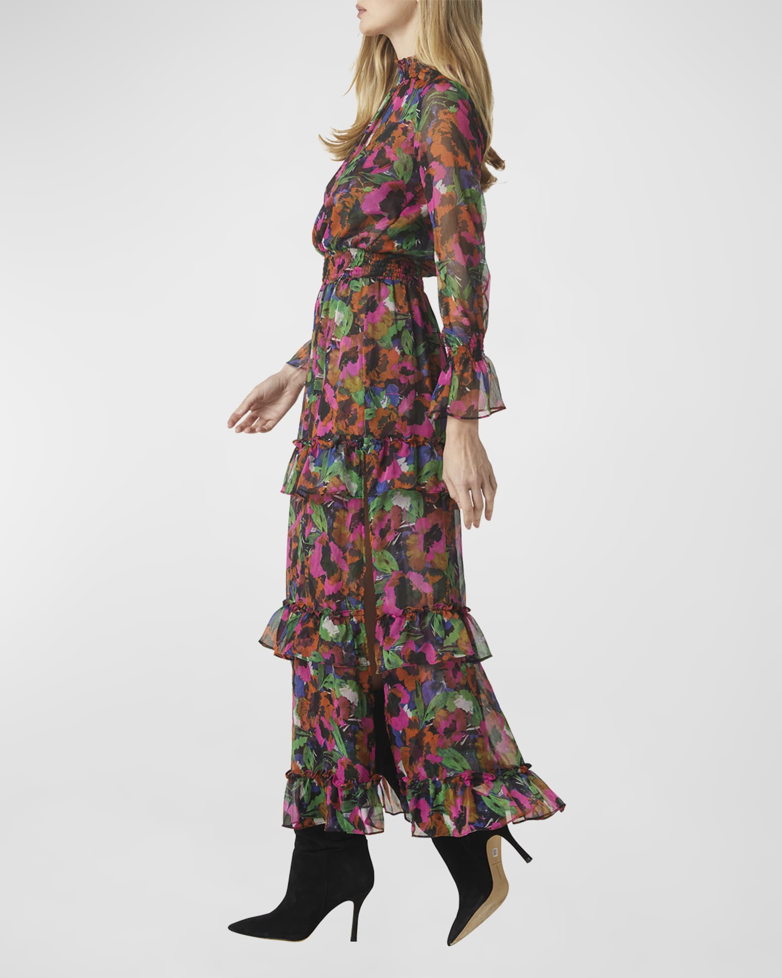 MISA Los Angeles Katja Floral Chiffon Ruffle Flounce Midi Dress