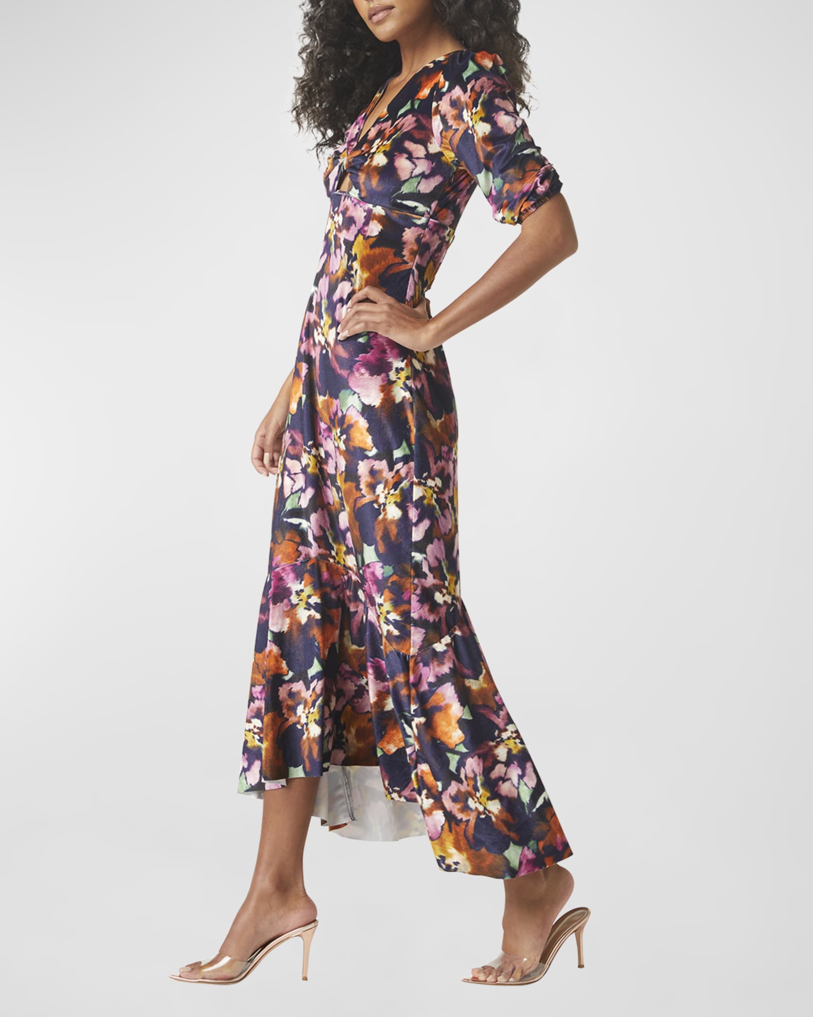 MISA Los Angeles Wallis Twisted Floral Fluted Midi Dress | Neiman Marcus