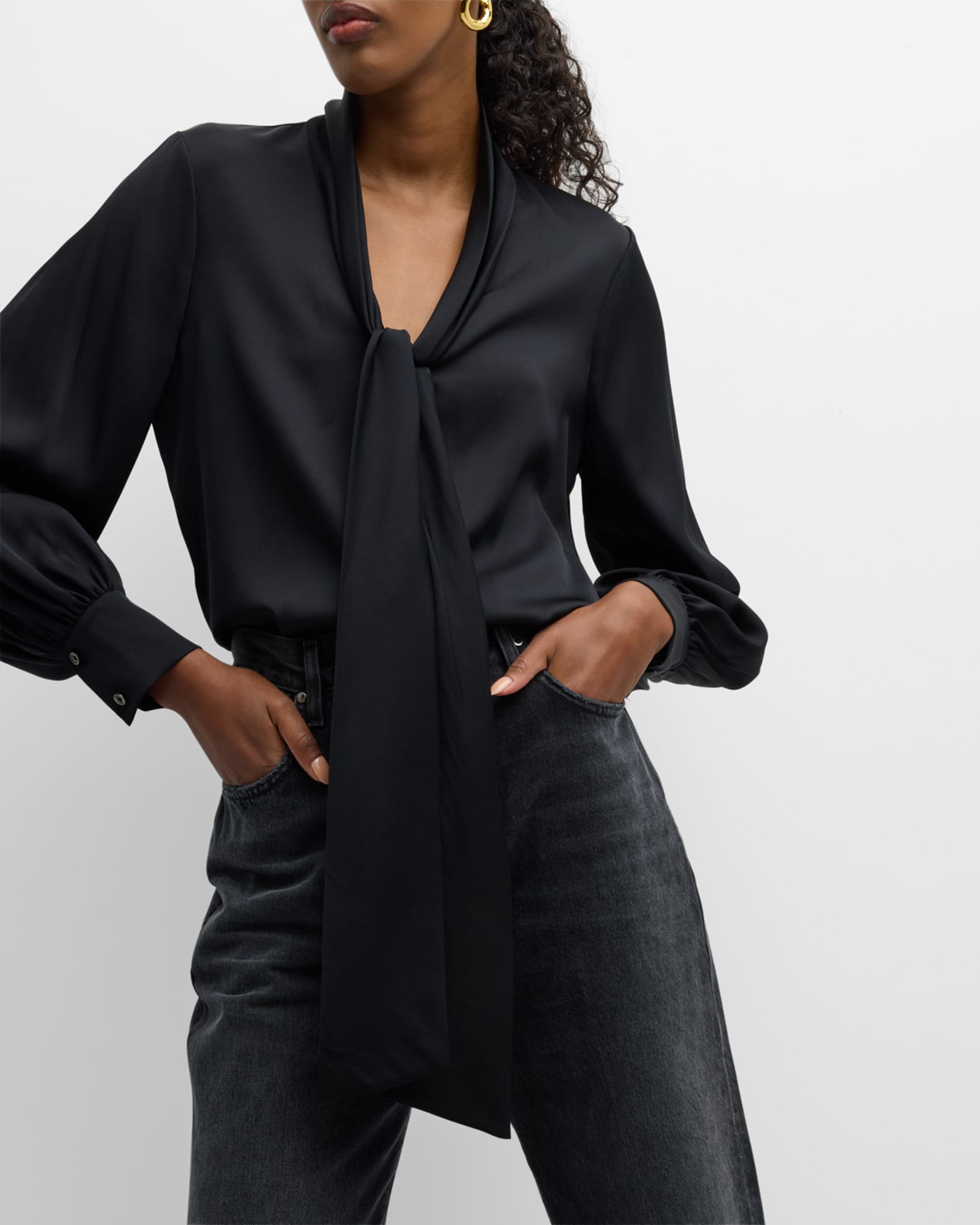 Cuffs Tie V-neck Silk Blouse main image 0