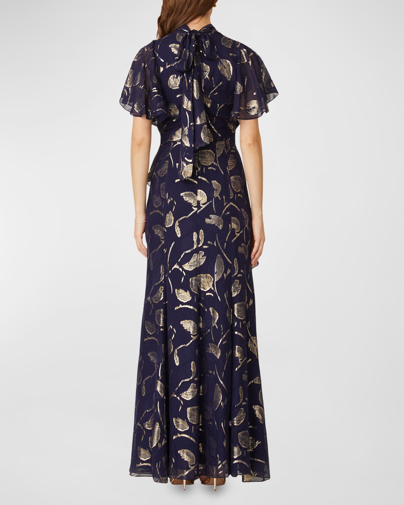 Shoshanna Leaf Fil Coupe Flutter-Sleeve Gown | Neiman Marcus