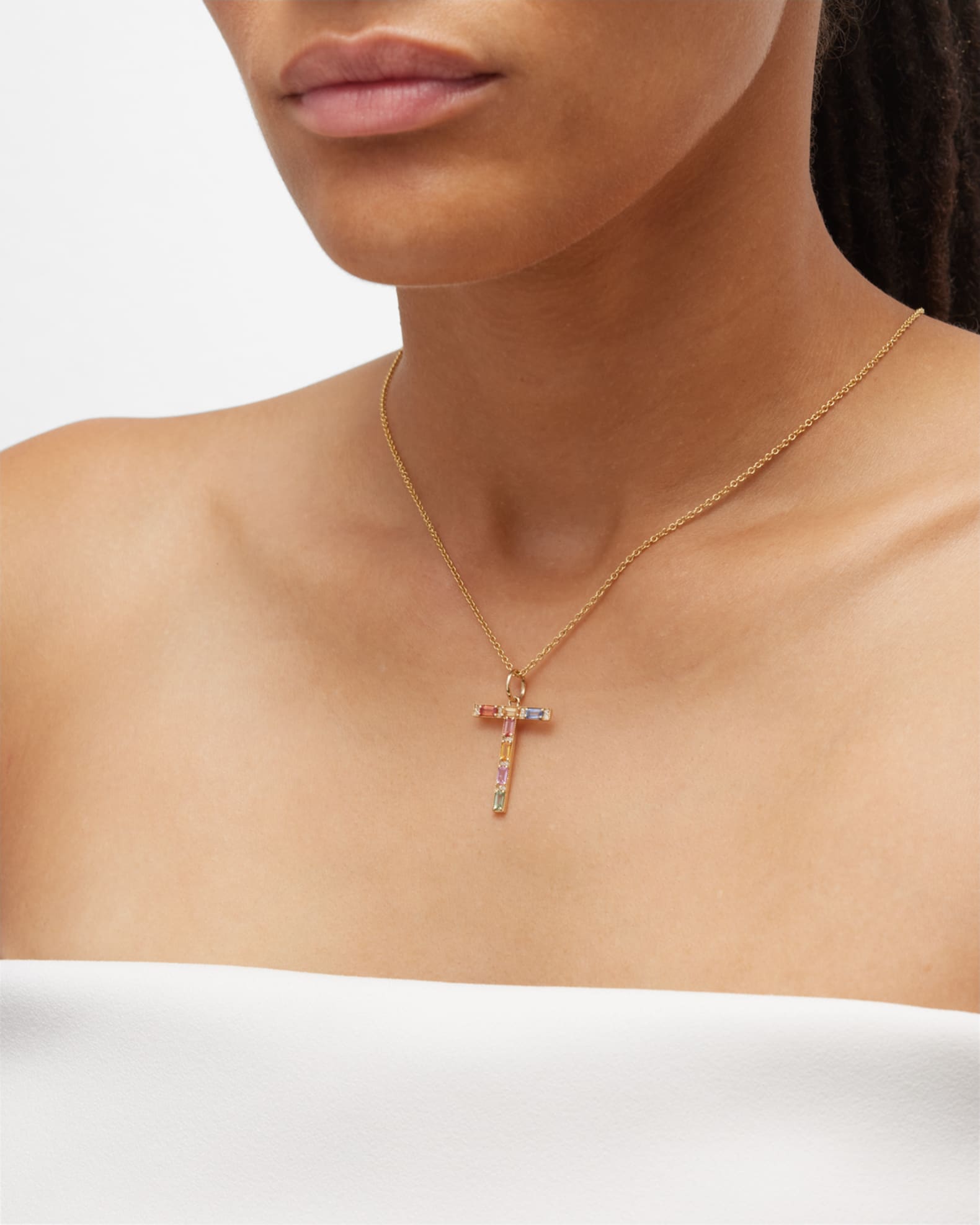 Initial T Pendant with Multicolor Sapphires and Diamonds 1