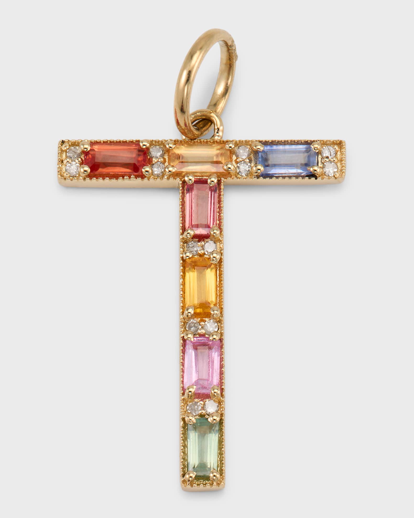 Initial T Pendant with Multicolor Sapphires and Diamonds 0