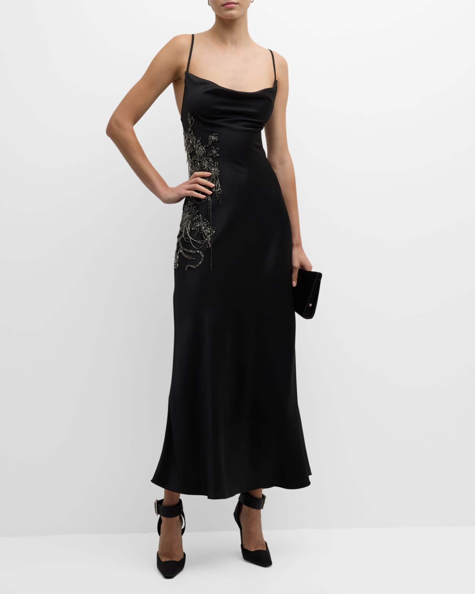 Black Silk Cocktail Dress with Applique