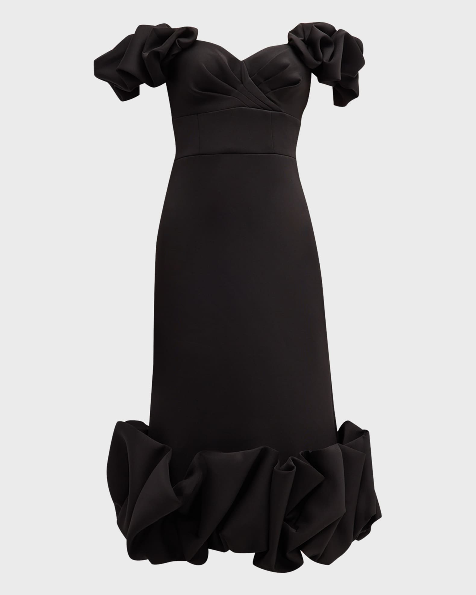 Jovani Pleated Off-Shoulder Ruffle Midi Dress | Neiman Marcus