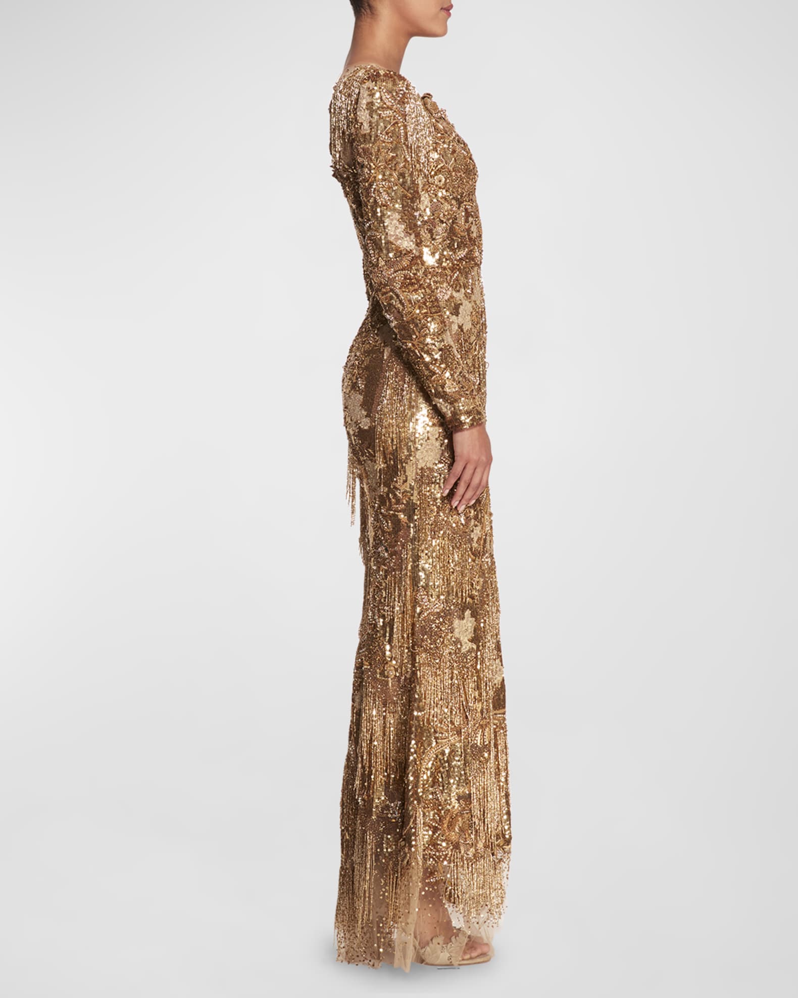 Exquisite Printed Metallic Pleated Chiffon Trumpet Sleeve Maxi Dress