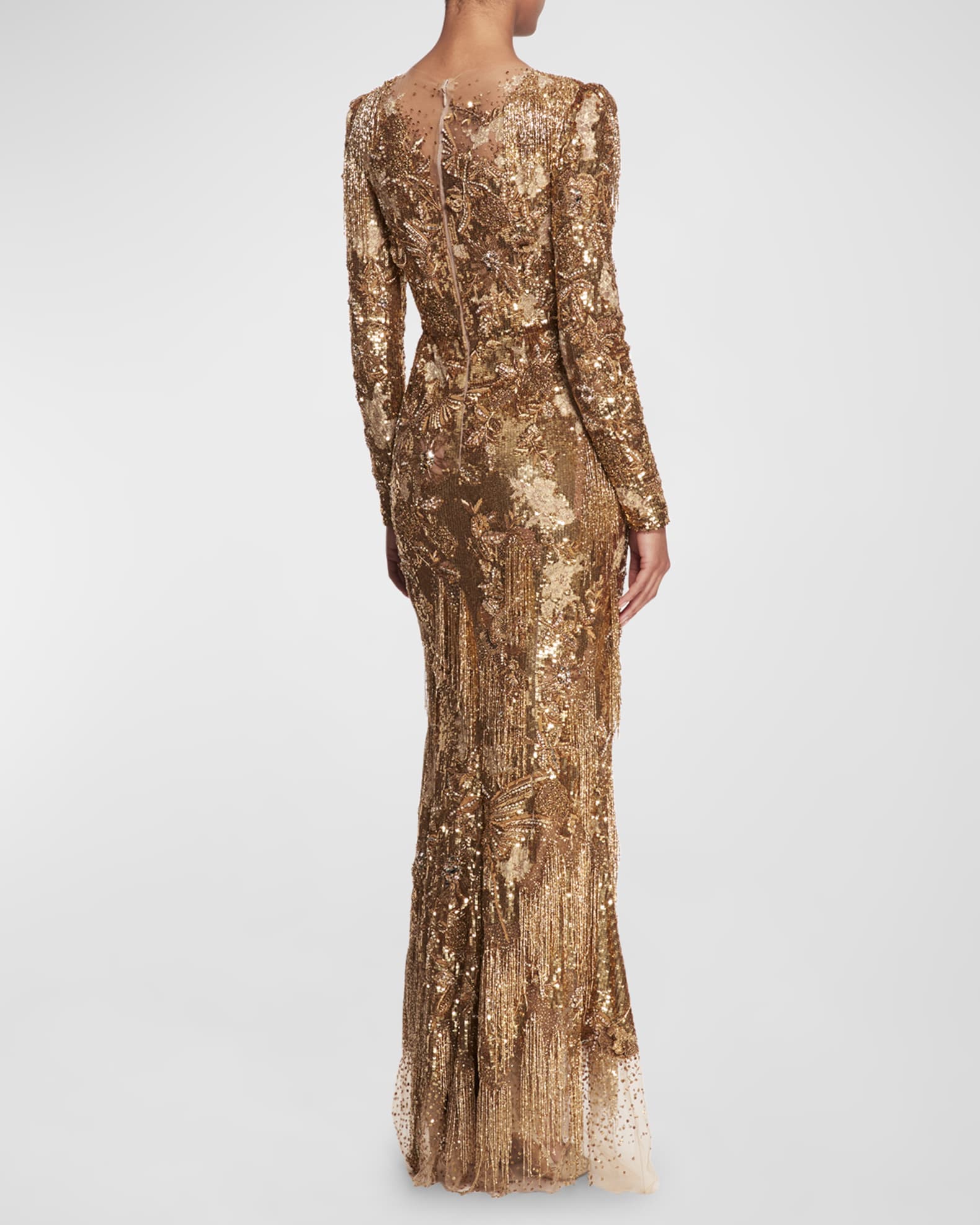 Marchesa Crystal Metallic Fringe Embroidered Long-Sleeve Trumpet Gown ...