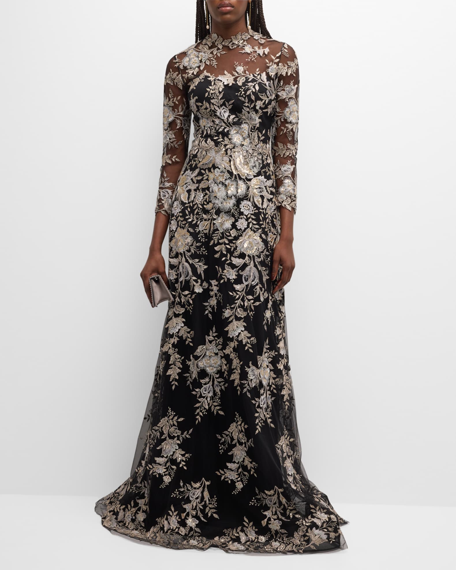 Rickie Freeman for Teri Jon Floral-Embroidered Mock-Neck Tulle Gown ...