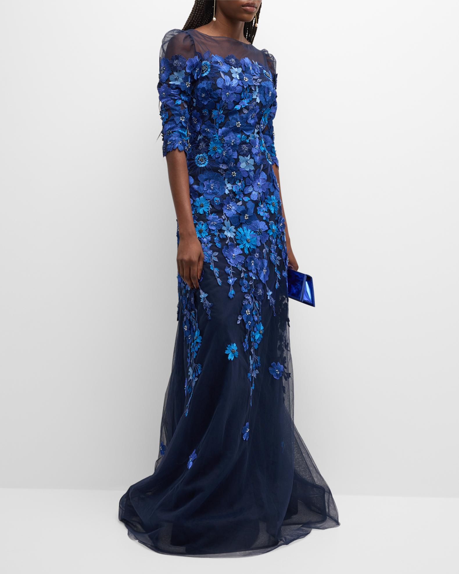 Rickie Freeman for Teri Jon Floral-Embroidered Puff-Sleeve Tulle Gown ...