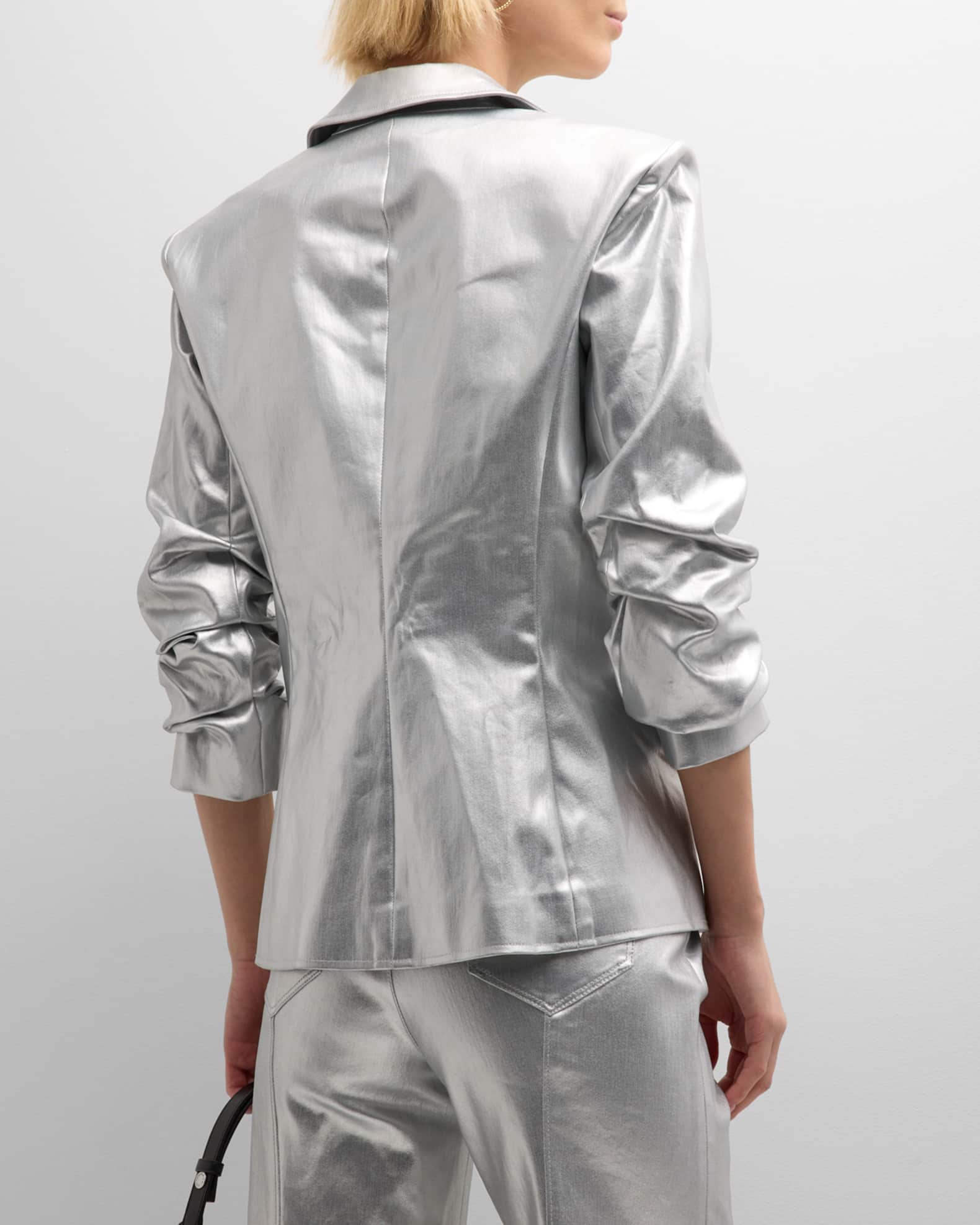 Cinq a Sept Khloe Foiled Scrunched-Sleeve Blazer | Neiman Marcus