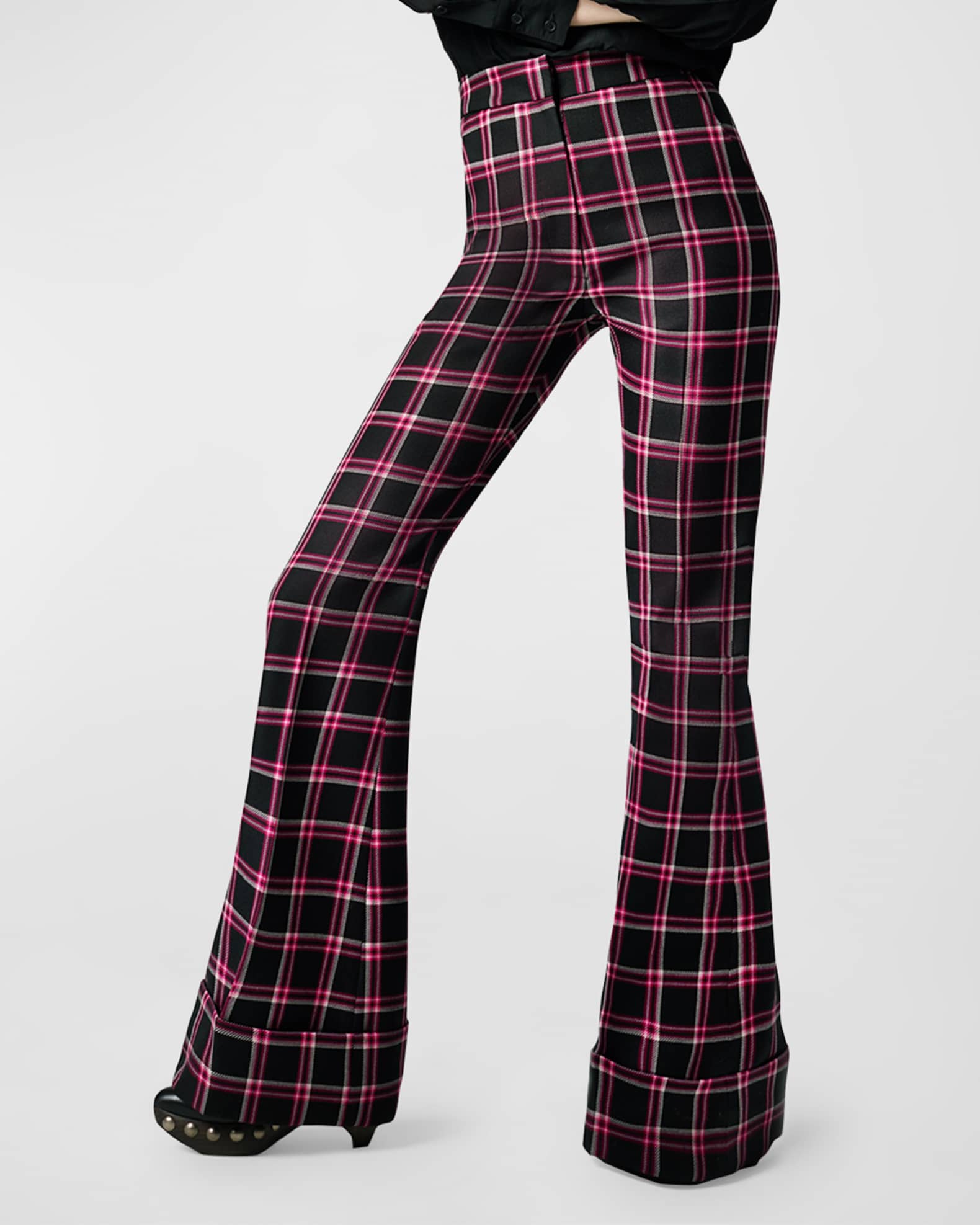 High Waisted Wool Plaid Cuffed Trousers
