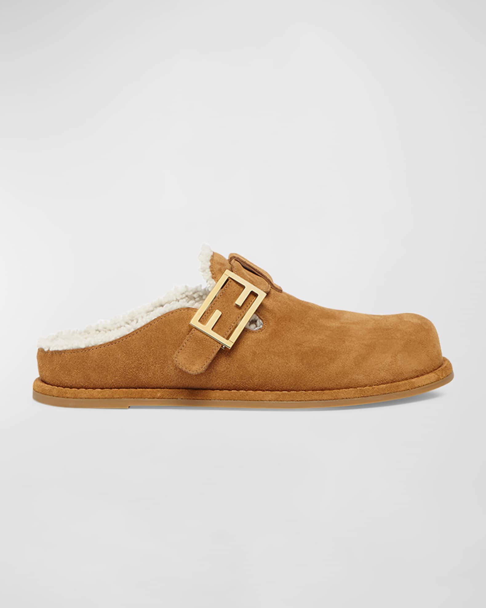 Fendi Women s Feel Suede Shearling Buckle Mules