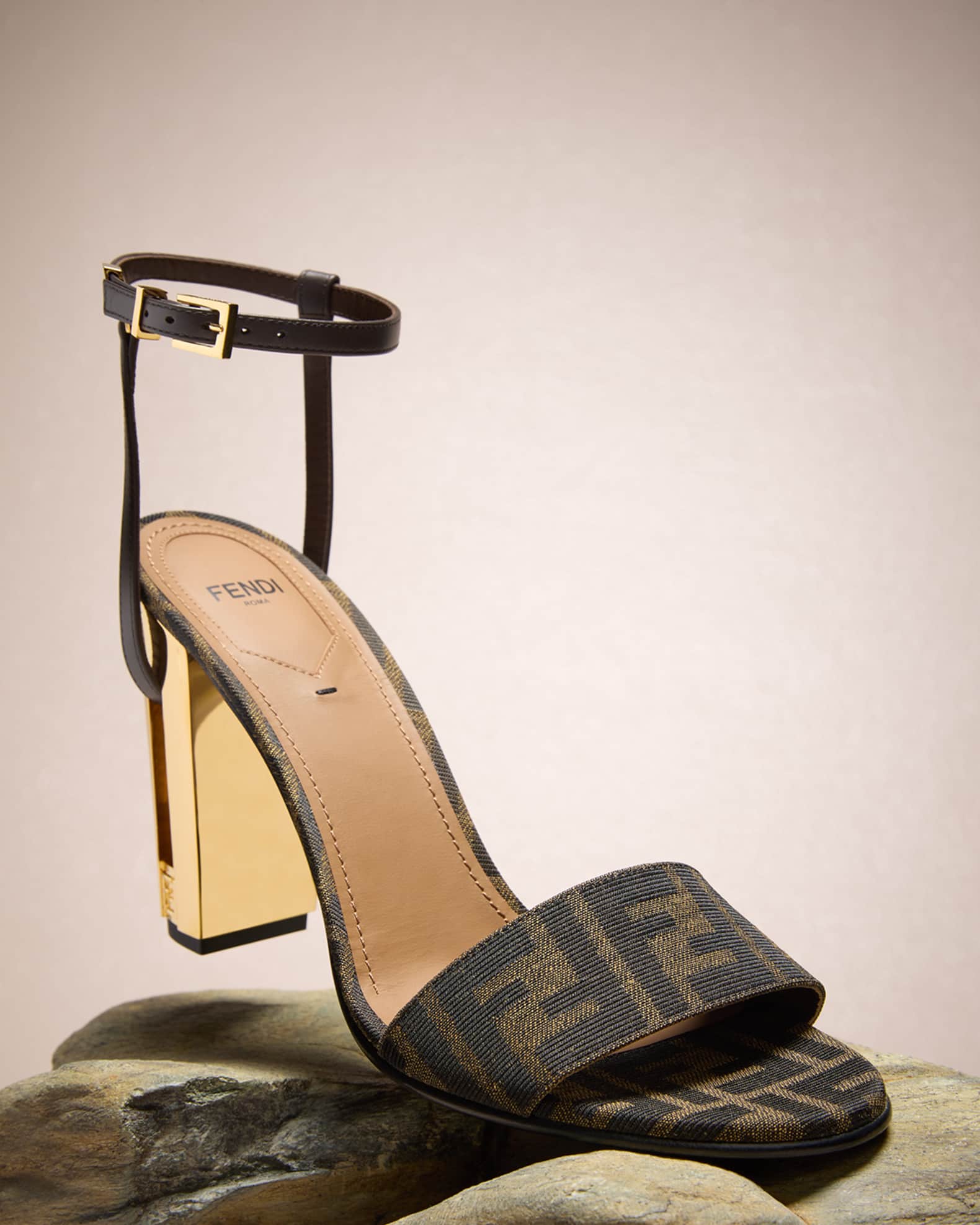 Fendi Delfina FF Metallic Heel Sandals Neiman Marcus