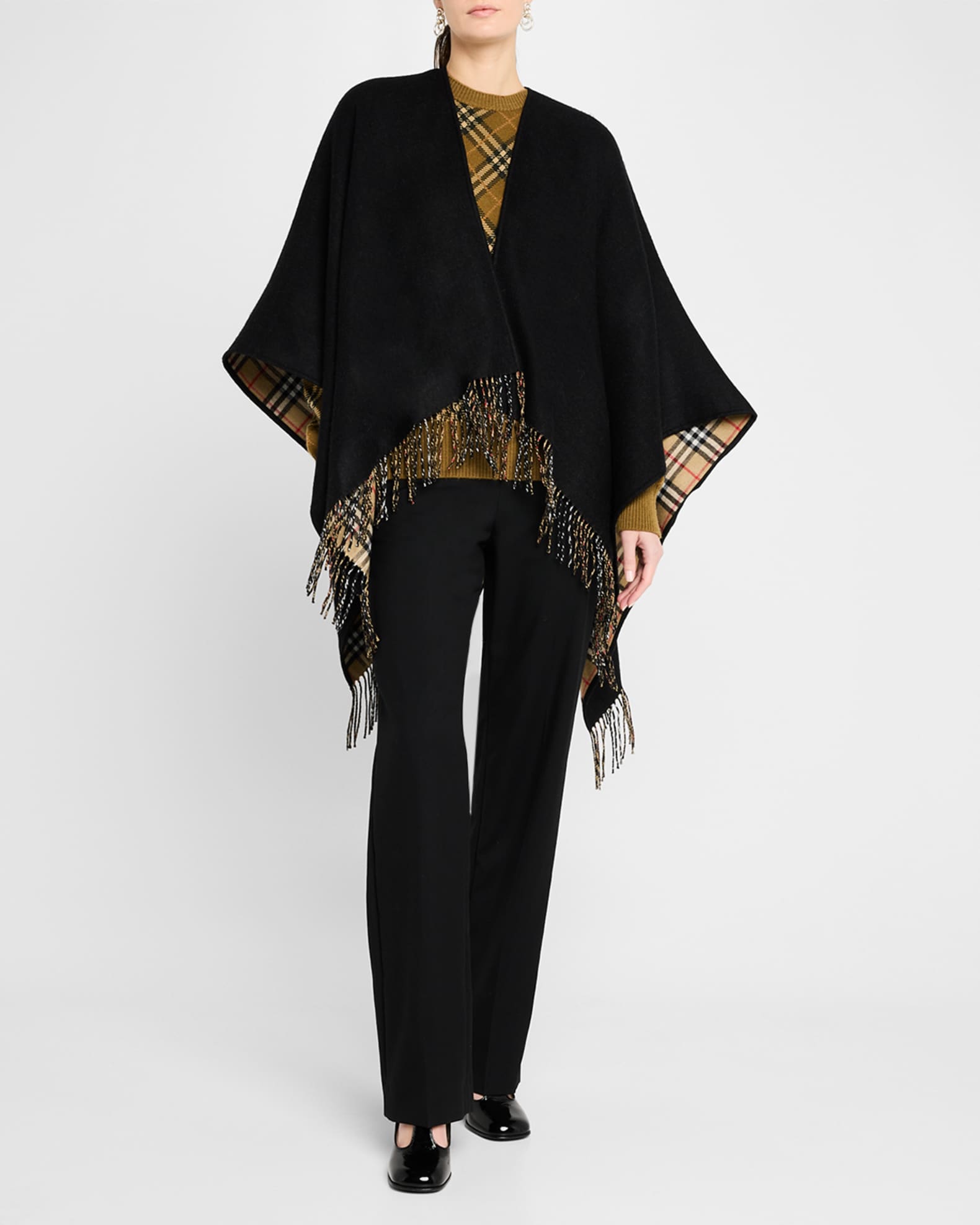 Burberry Vintage-Style Check Fringed Wool Cape | Neiman Marcus