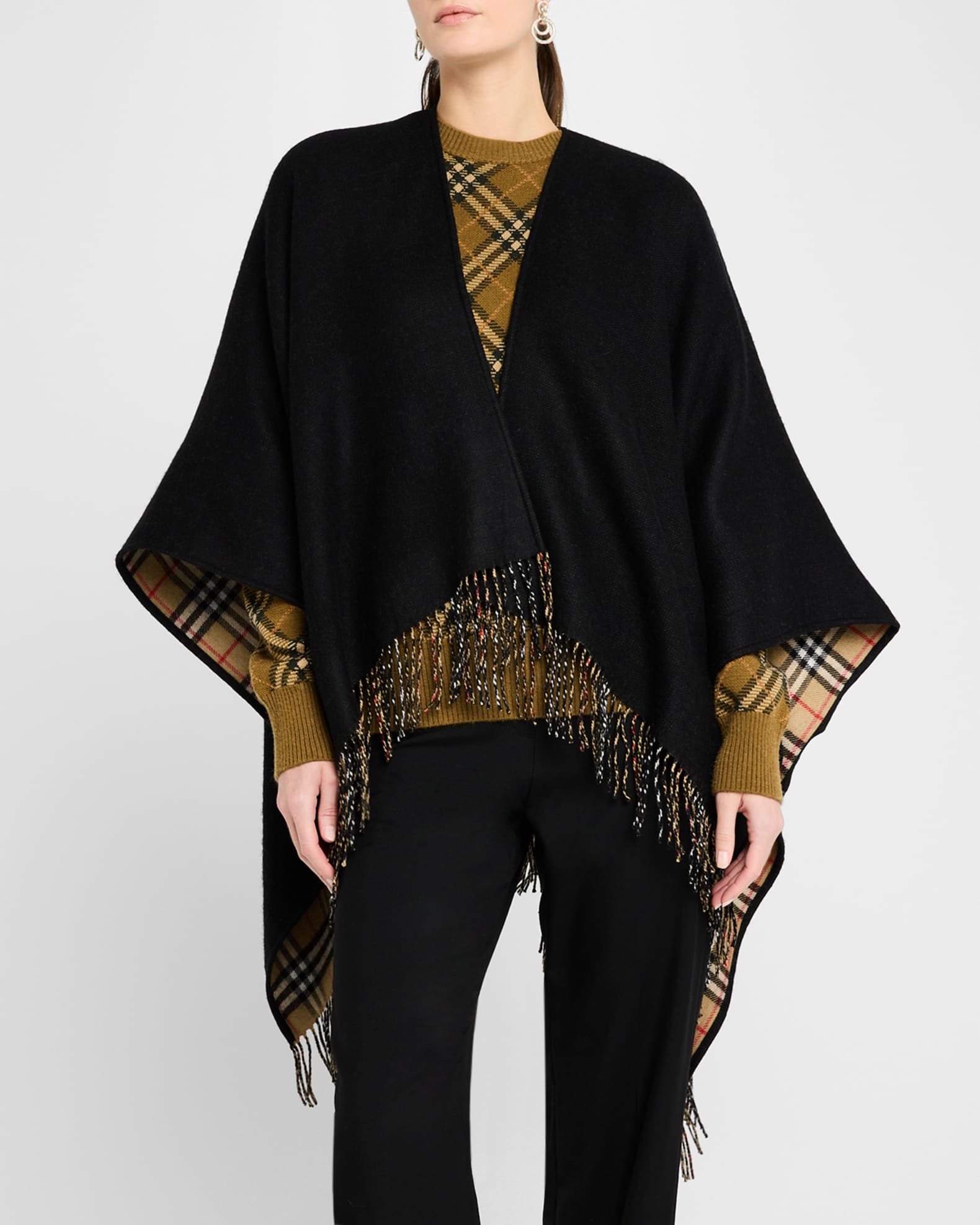 Burberry Vintage-Style Check Fringed Wool Cape | Neiman Marcus