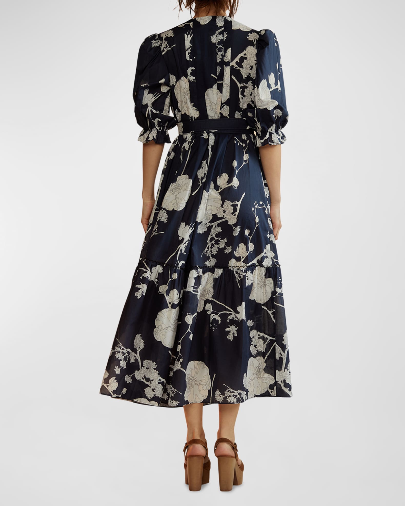 Cynthia Rowley Puff-Sleeve Floral-Print Pintuck Midi Dress | Neiman Marcus