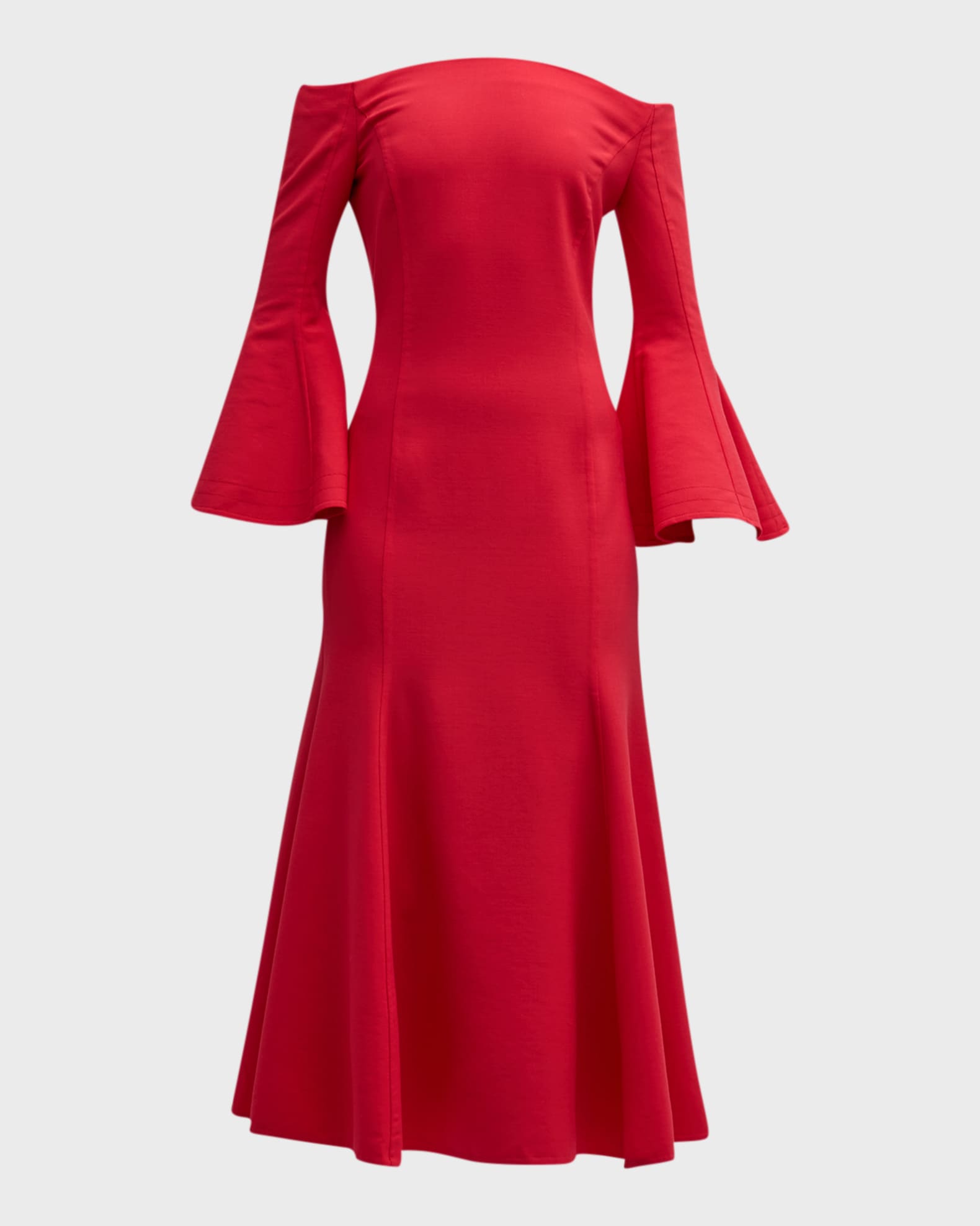 Oscar de la Renta Off The Shoulder Flare Sleeve Stretch Wool Midi Dress Neiman Marcus