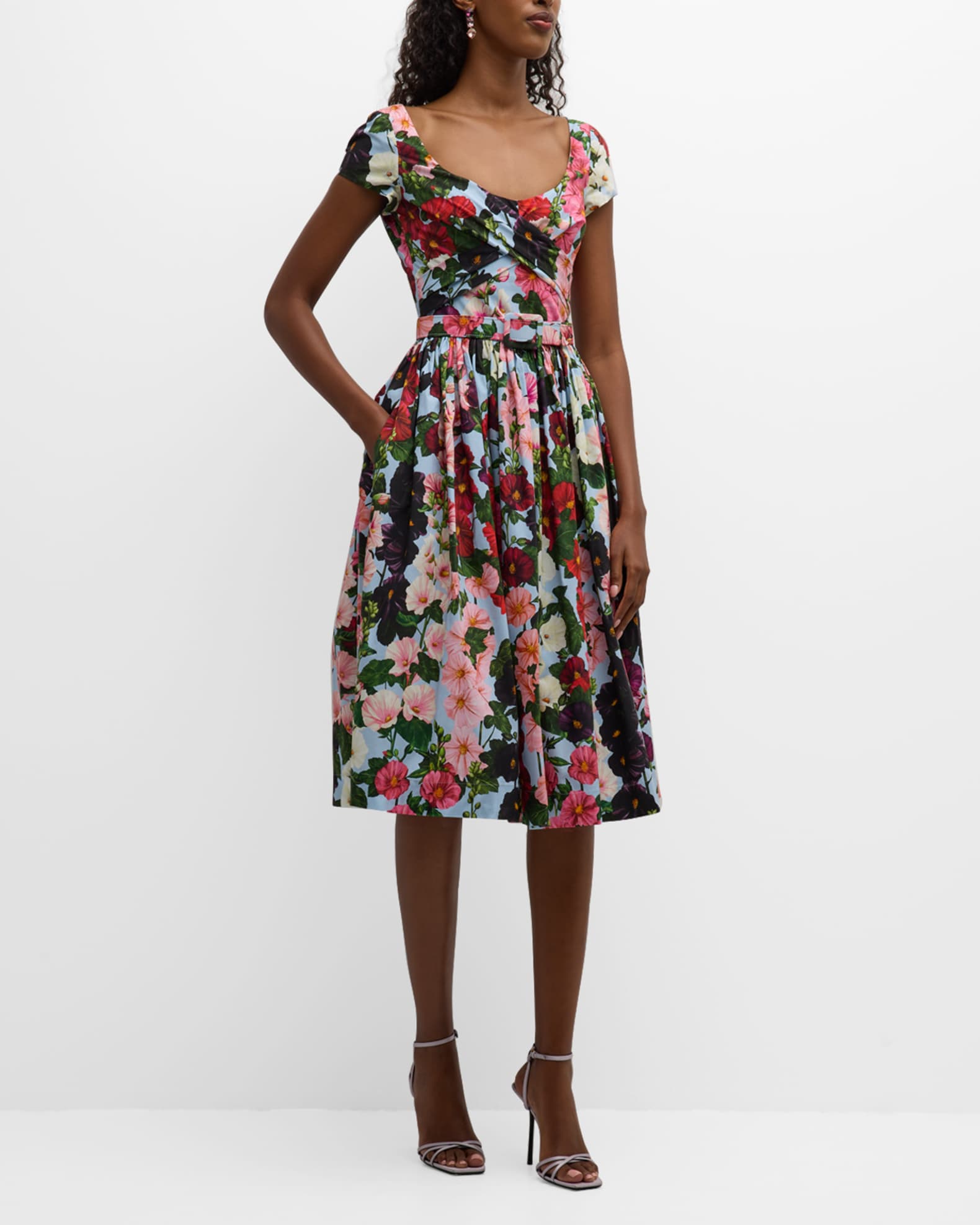 Oscar de la Renta Hollyhocks-Print Cap-Sleeve Drape Midi Dress With ...