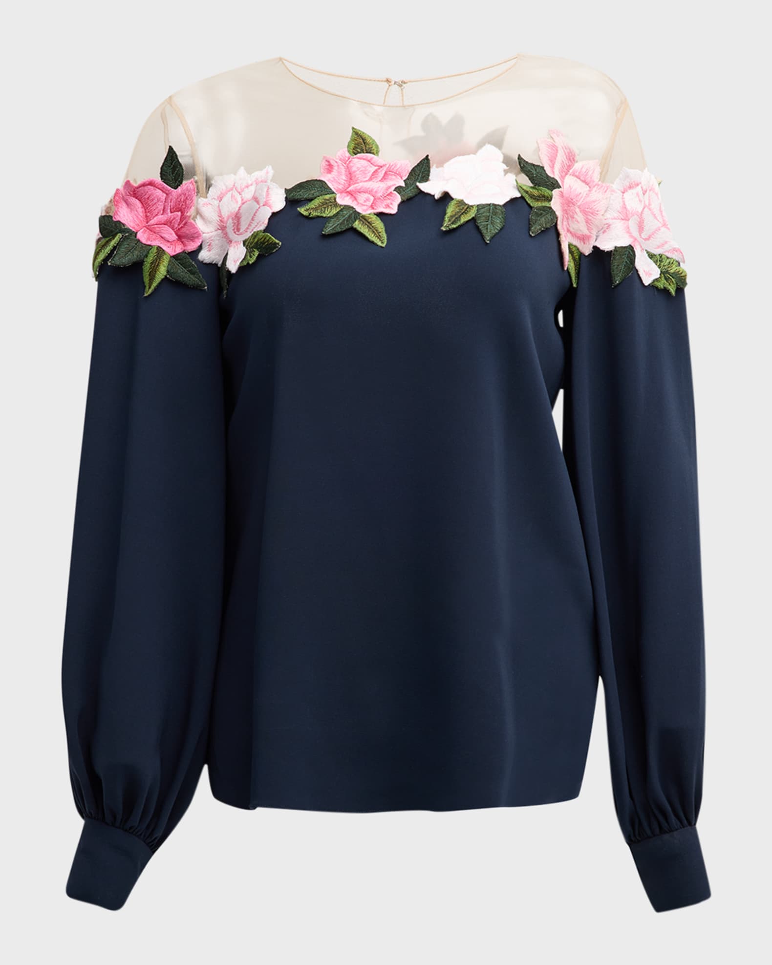 Oscar de la Renta Gardenia Embroidered Illusion Blouse