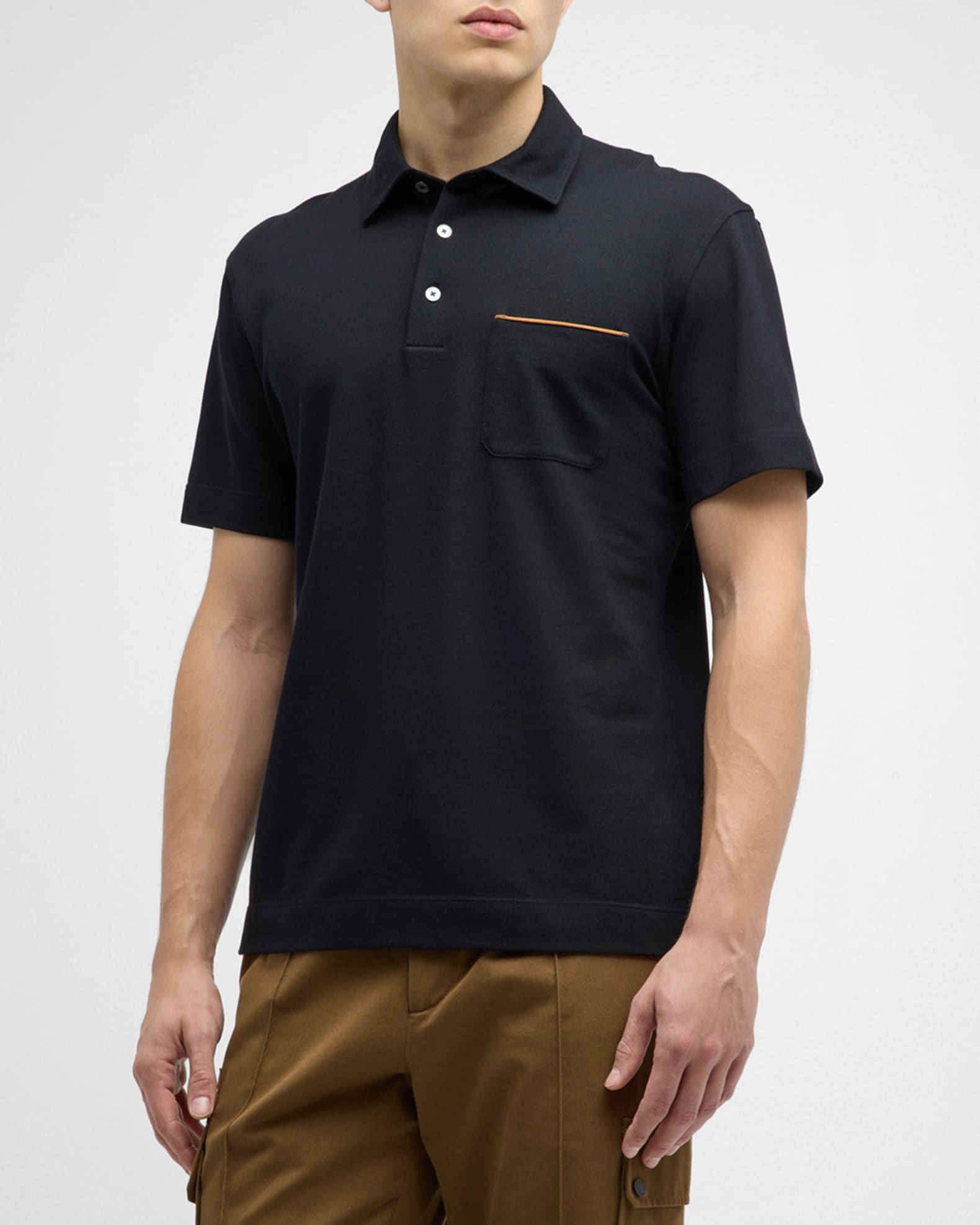 Men's Cotton Polo Shirt with Leather-Trim Pocket