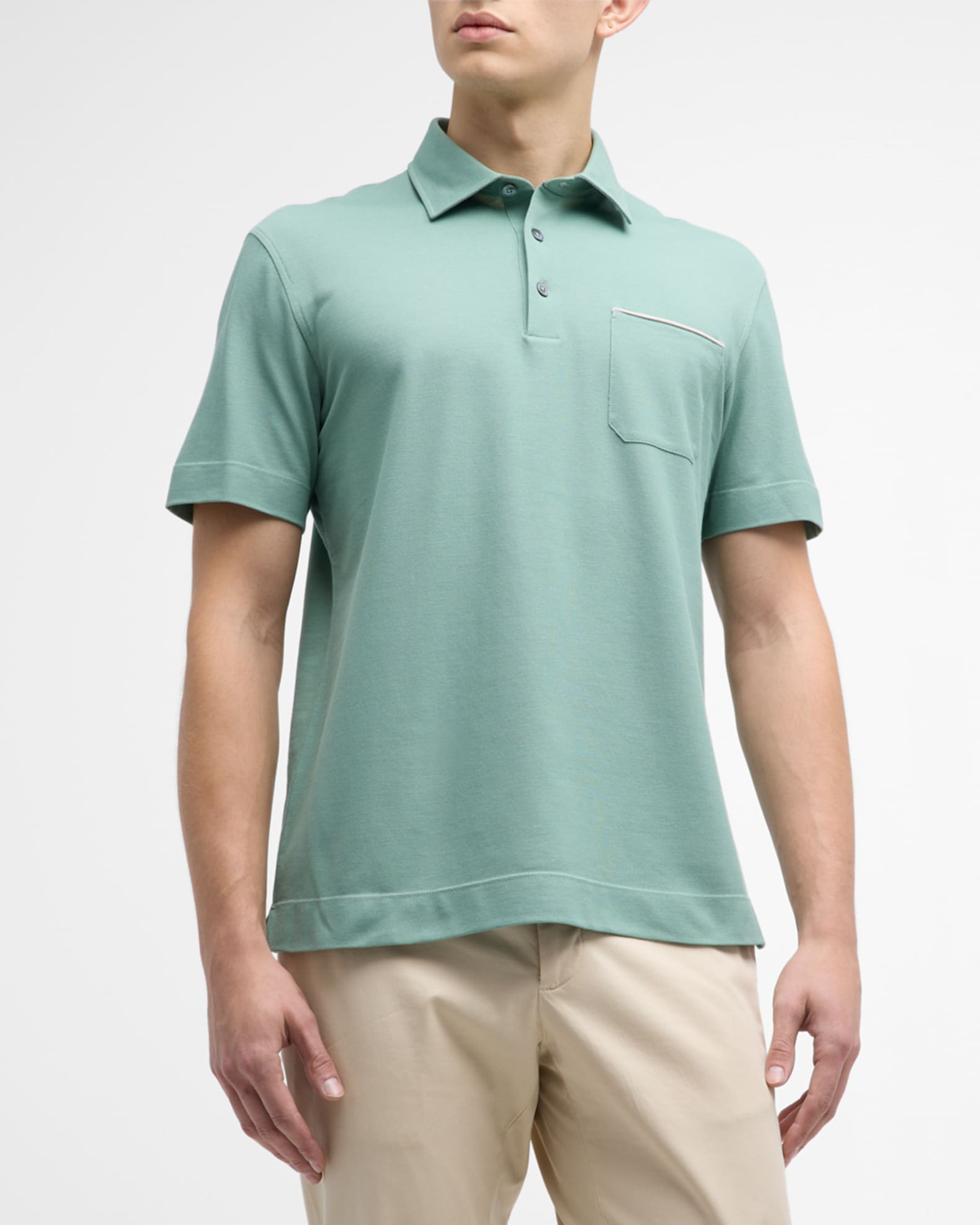 Men's Cotton Polo Shirt with Leather-Trim Pocket