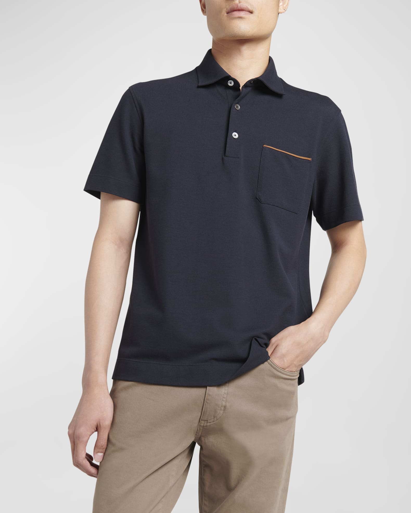 Men's Cotton Polo Shirt with Leather-Trim Pocket