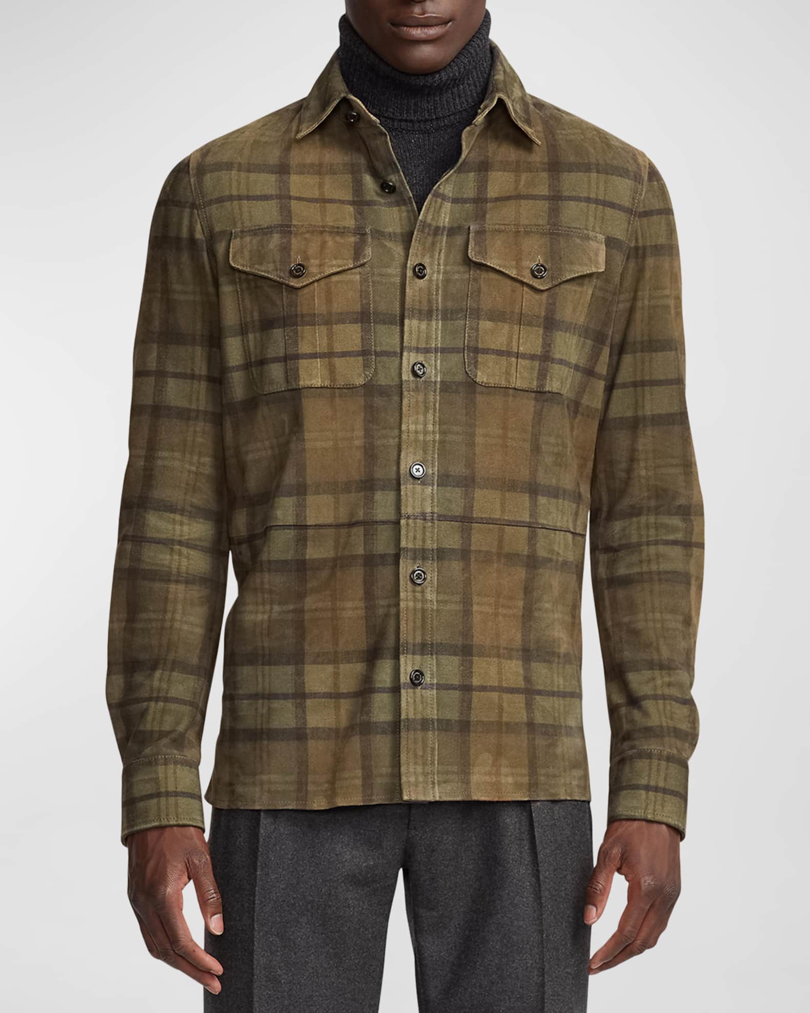 Ralph Lauren Purple Label Men's Barron Plaid-Print Suede Overshirt
