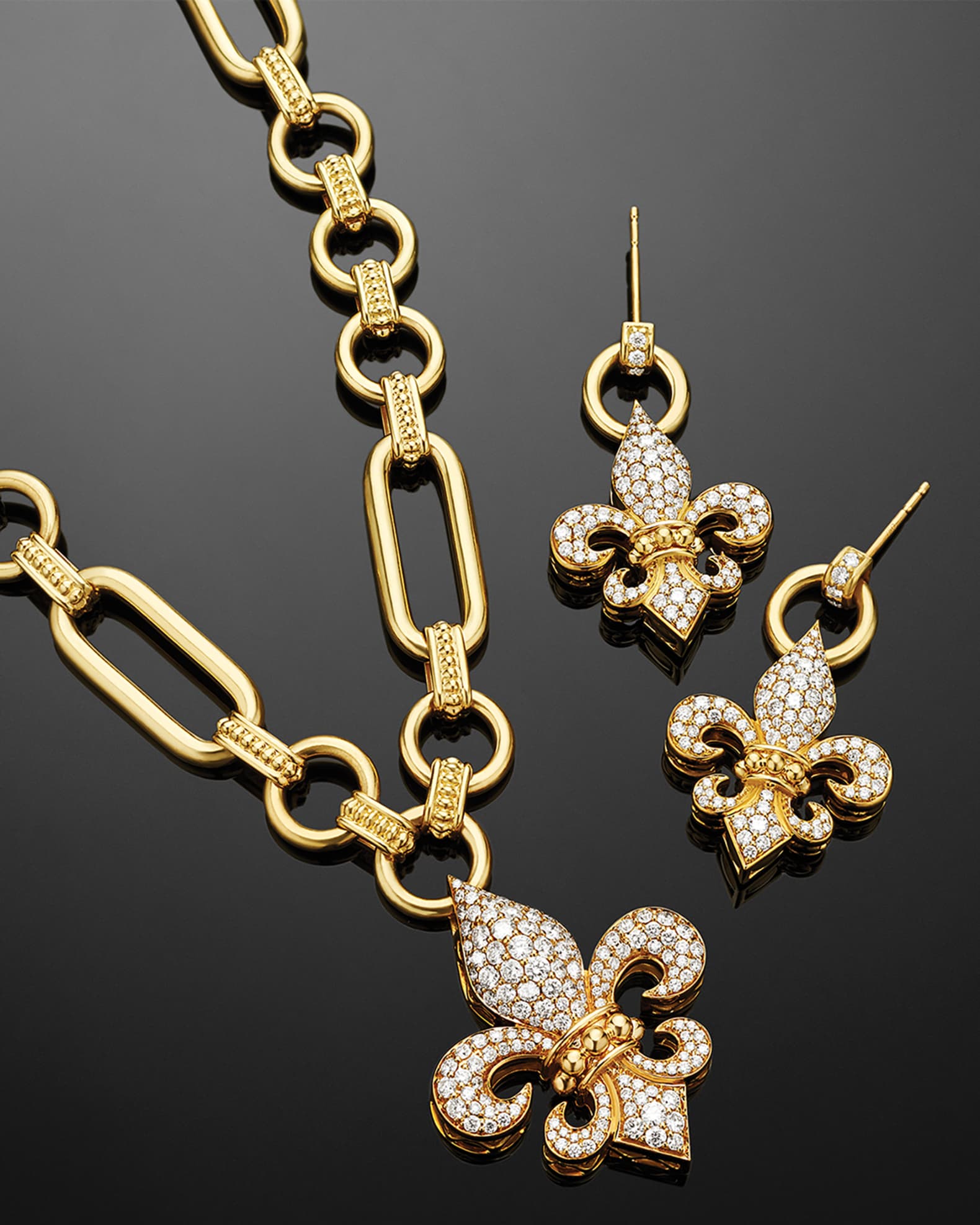 LAGOS 18K Gold Caviar Diamond Fleur De Lis Pendant Necklace Neiman Marcus