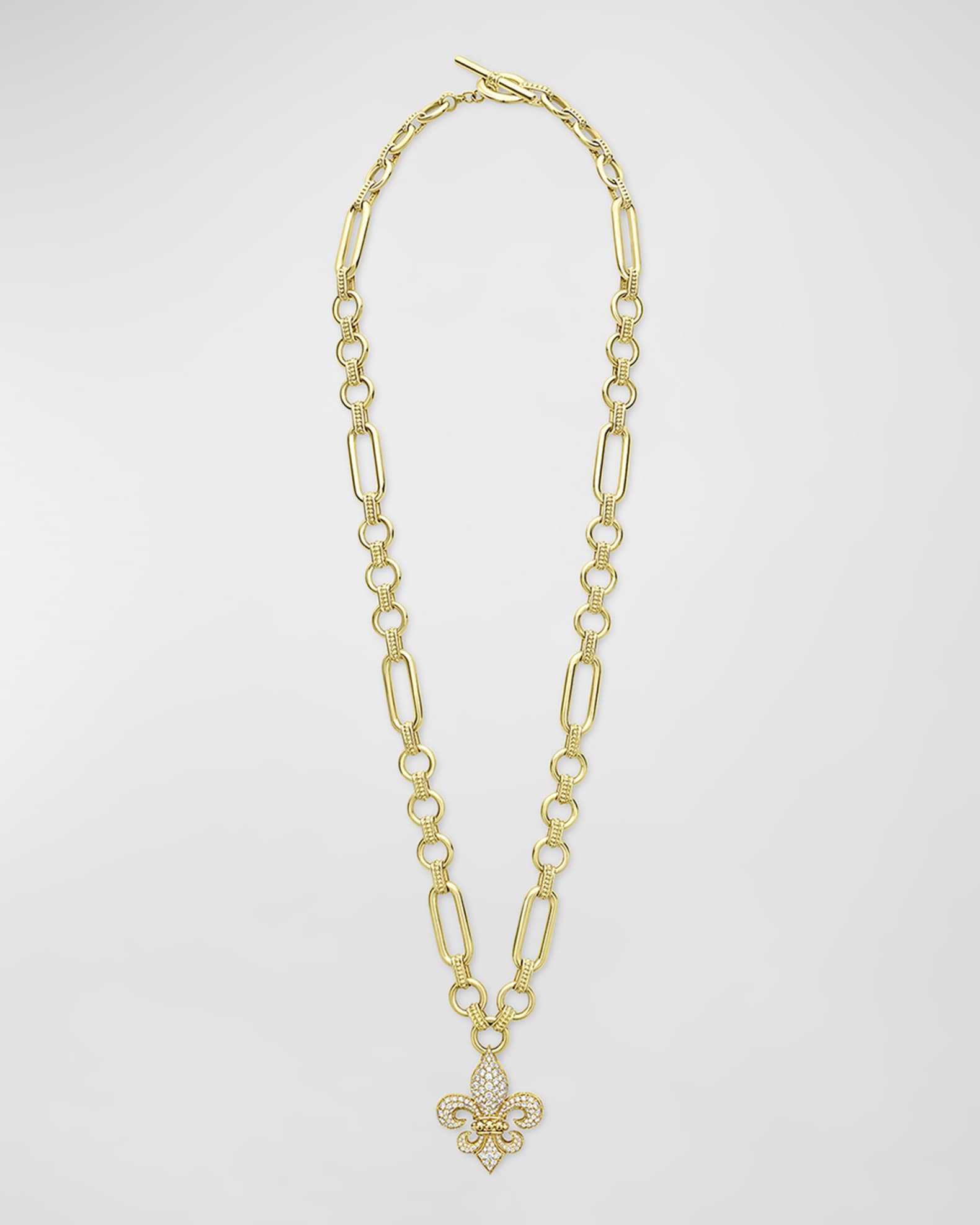 LAGOS 18K Gold Caviar Diamond Fleur-De-Lis Pendant Necklace