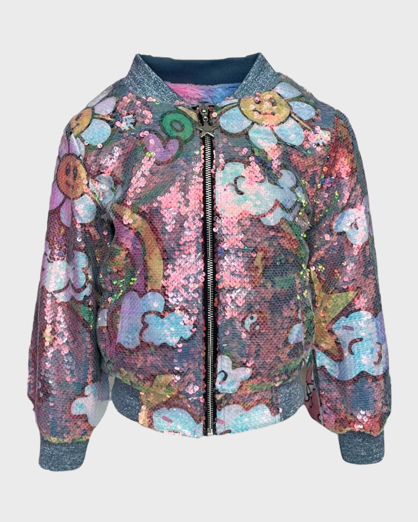 Lola The Boys Girl s Happy Daisy Rainbow Sequin Bomber Jacket Multi