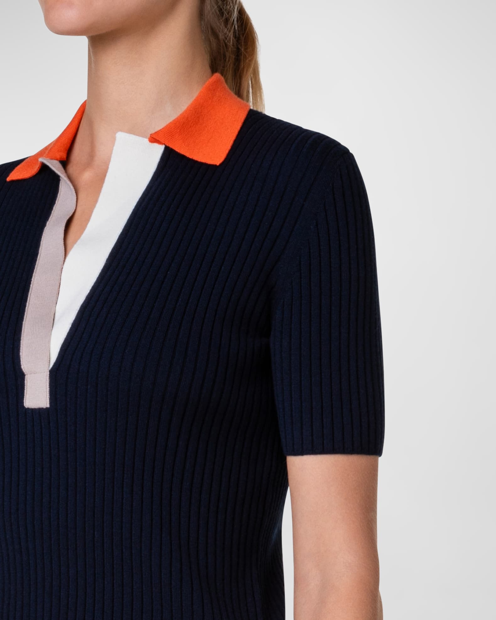 Ribbed Knit Wool Polo Top with Colorblock Collar