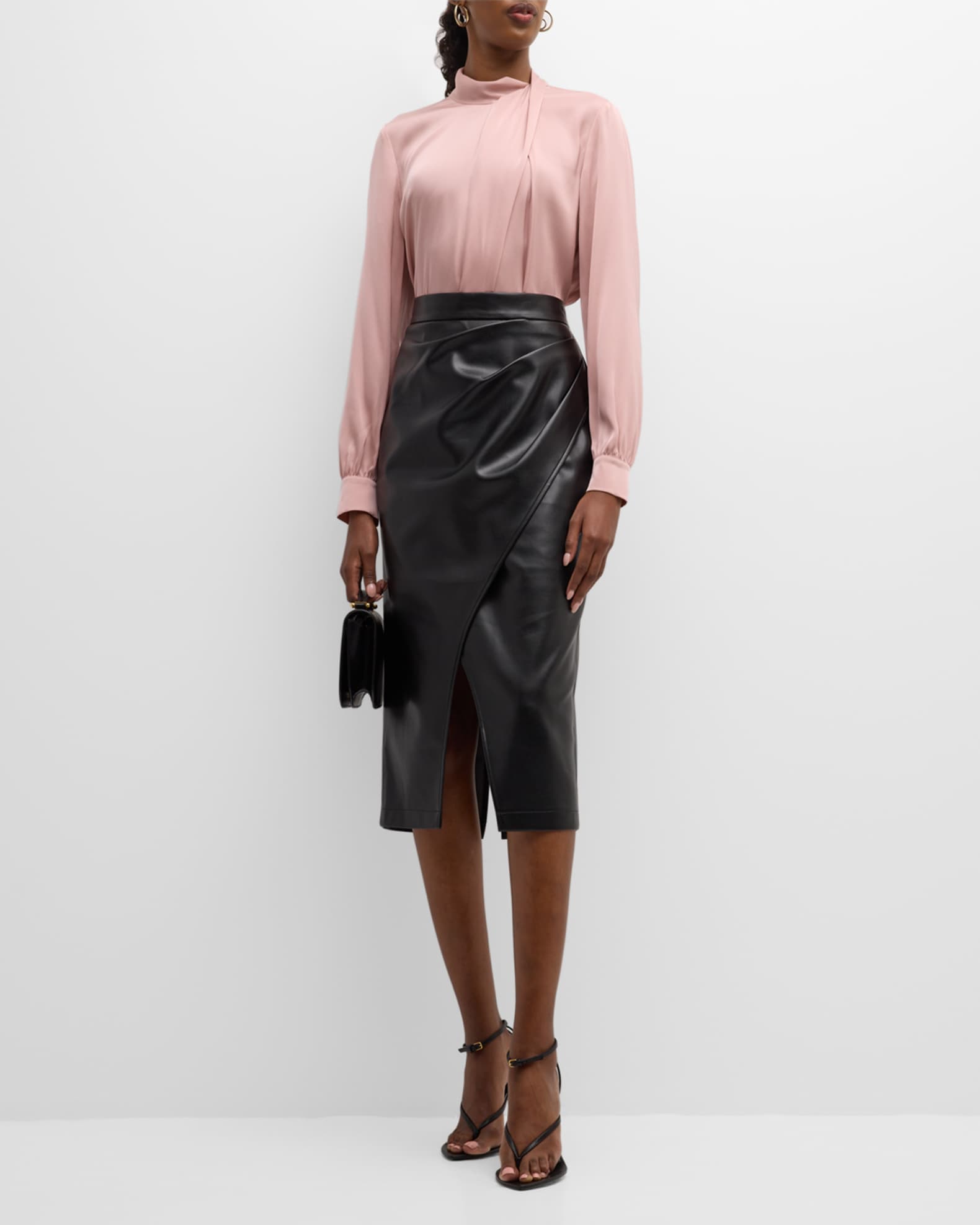 Elie Tahari The Rebecca Ruched Vegan Leather Midi Skirt | Neiman Marcus