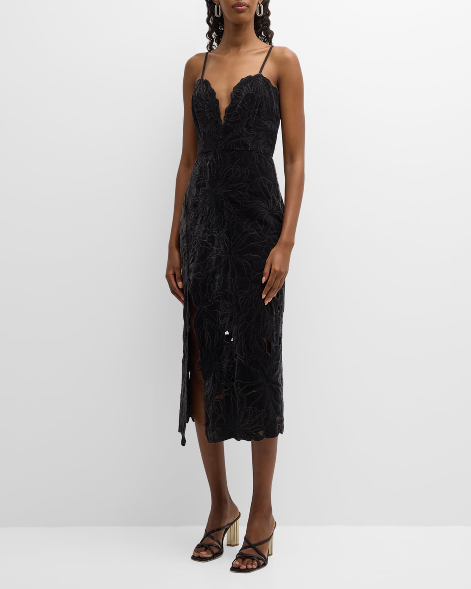 Ramy Brook Haven Embroidered Deep V-Neck Midi Dress | Neiman Marcus