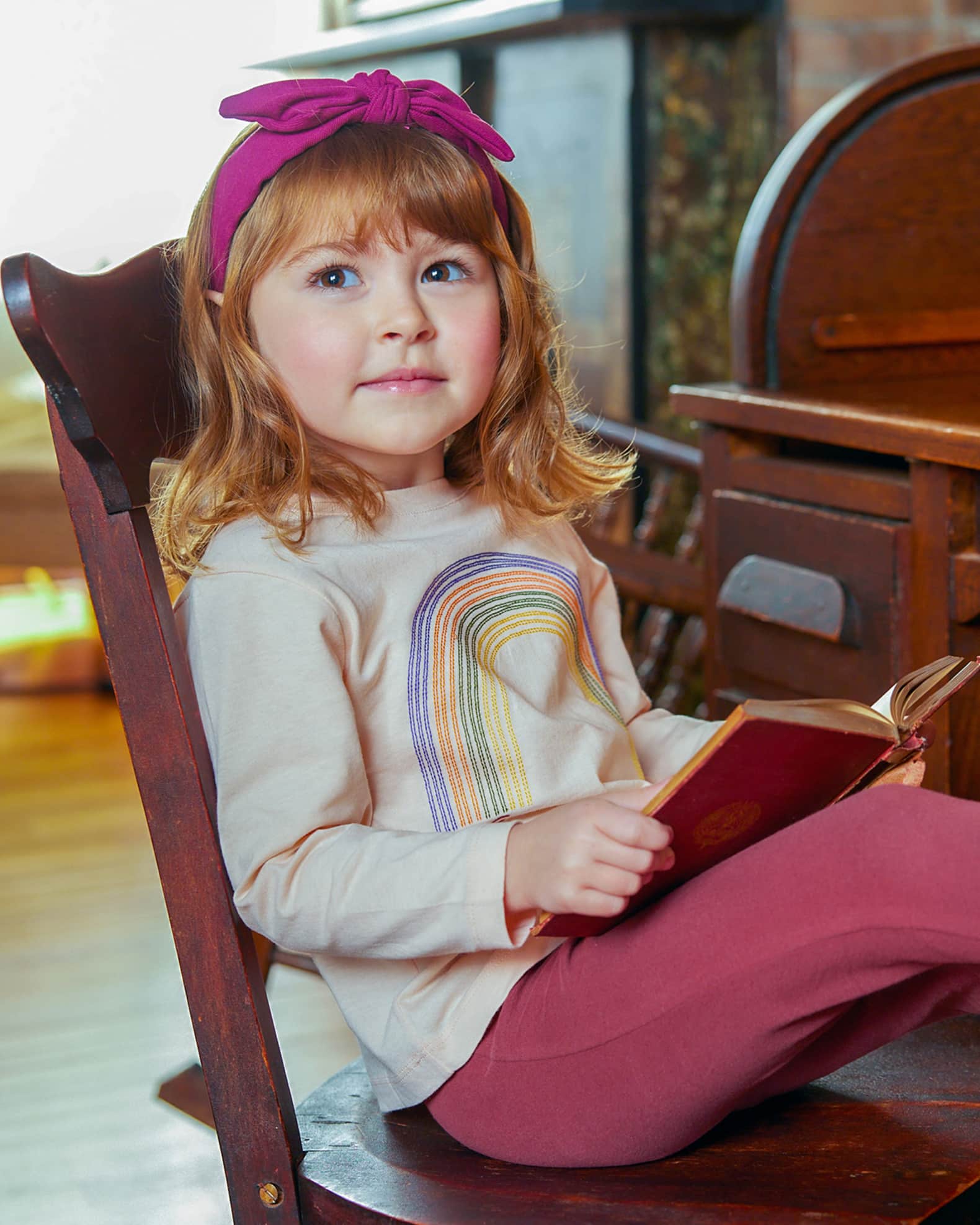Girls puff sleeve rainbow printed t shirt with pinafore - Green main image 1